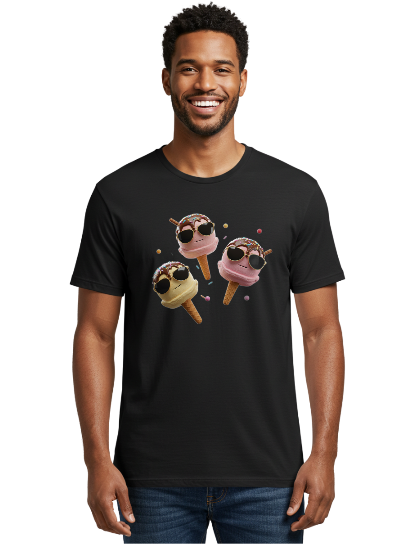 Ice-Cream-Cones-With-Sunglasses Men'S Graphic Tee, 100% Cotton, Comfortable Casual Summer Wear, Machine Washable, Ice Cream Cones With Sunglasses, Melting Ice Cream, Cartoon Style, Summer Treats, Colorful Sprinkles, Fun And Playful, Baa876