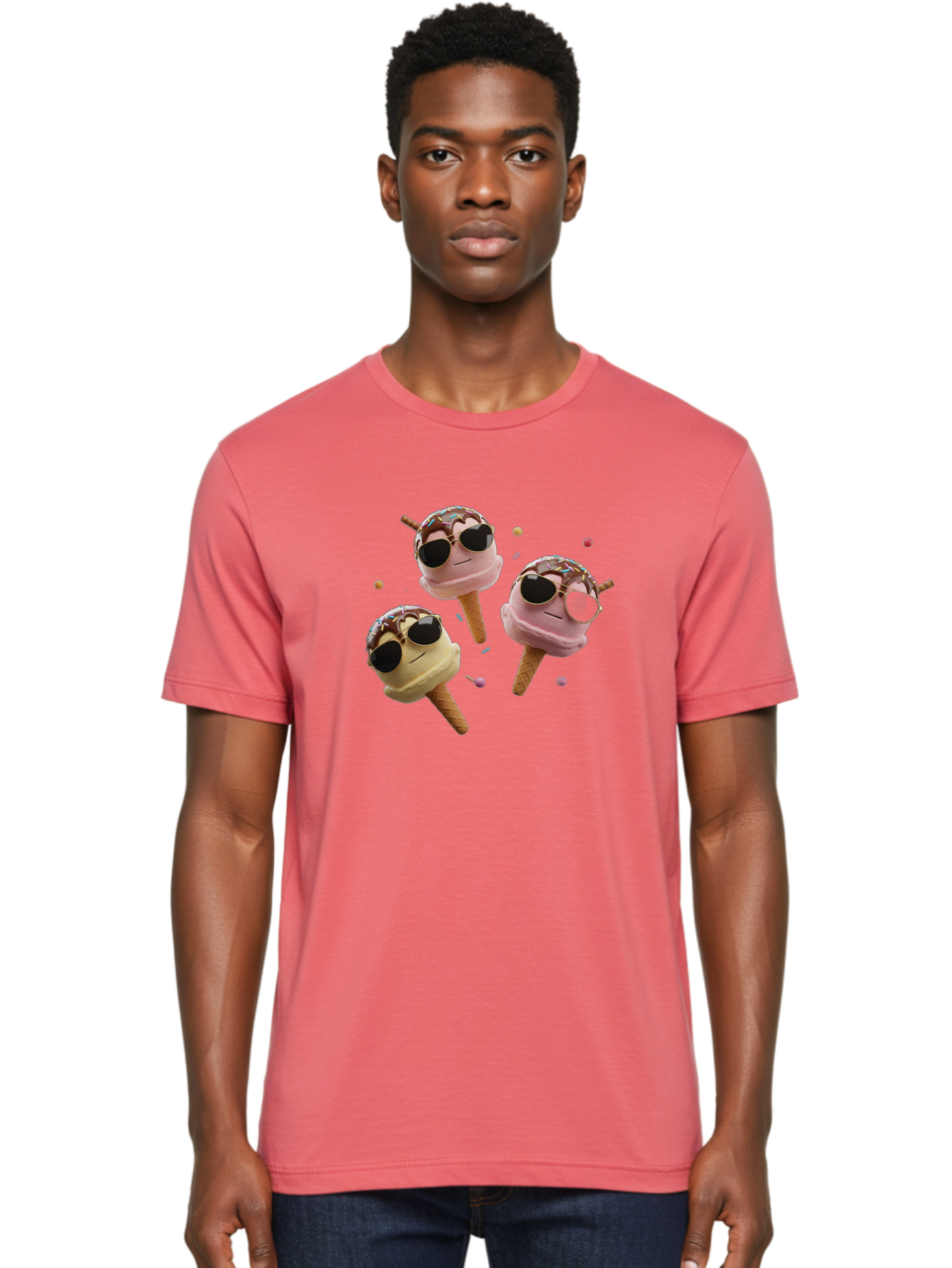 Ice-Cream-Cones-With-Sunglasses Men'S Graphic Tee, 100% Cotton, Comfortable Casual Summer Wear, Machine Washable, Ice Cream Cones With Sunglasses, Melting Ice Cream, Cartoon Style, Summer Treats, Colorful Sprinkles, Fun And Playful, Baa876
