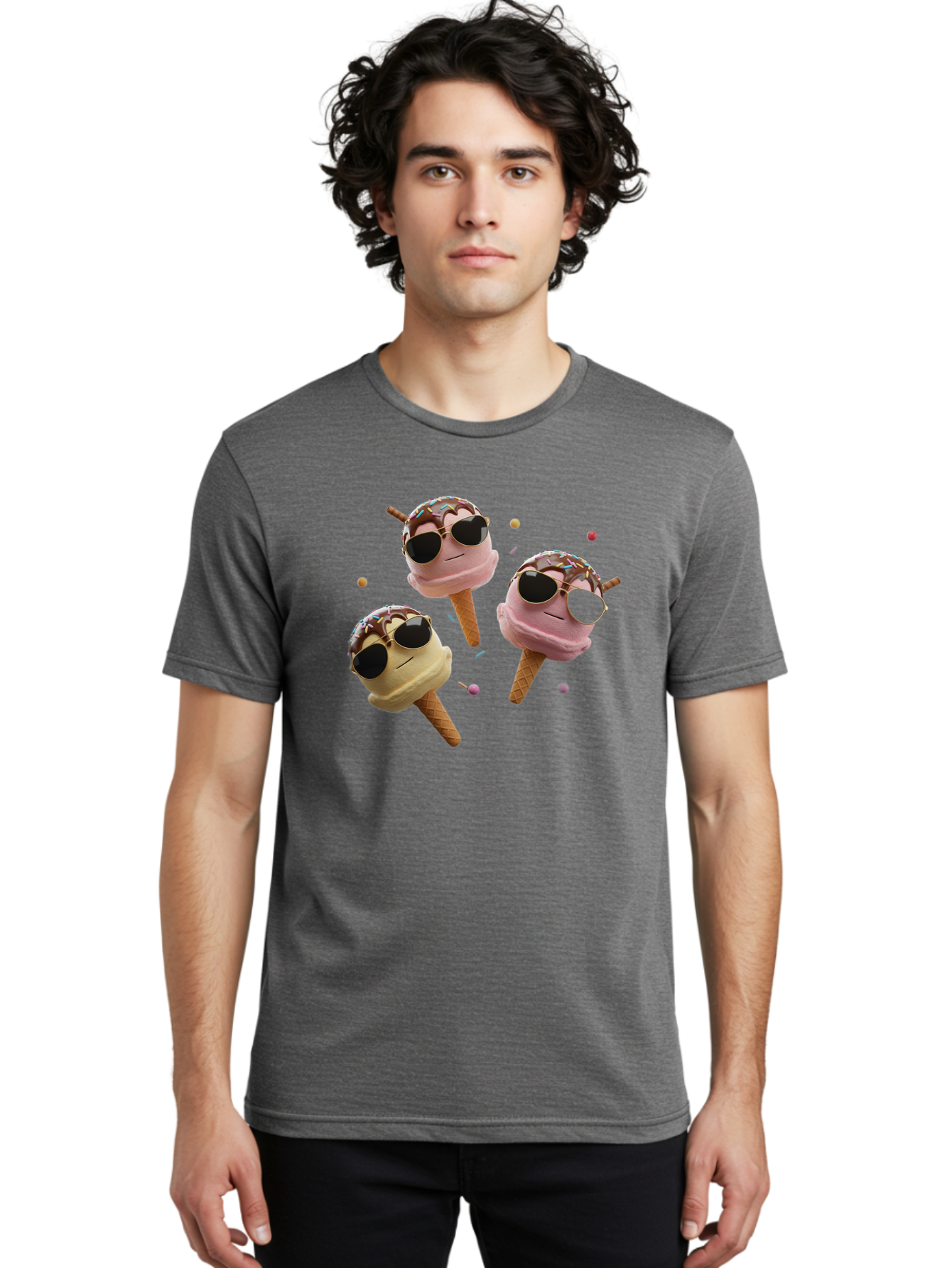 Ice-Cream-Cones-With-Sunglasses Men'S Graphic Tee, 100% Cotton, Comfortable Casual Summer Wear, Machine Washable, Ice Cream Cones With Sunglasses, Melting Ice Cream, Cartoon Style, Summer Treats, Colorful Sprinkles, Fun And Playful, Baa876