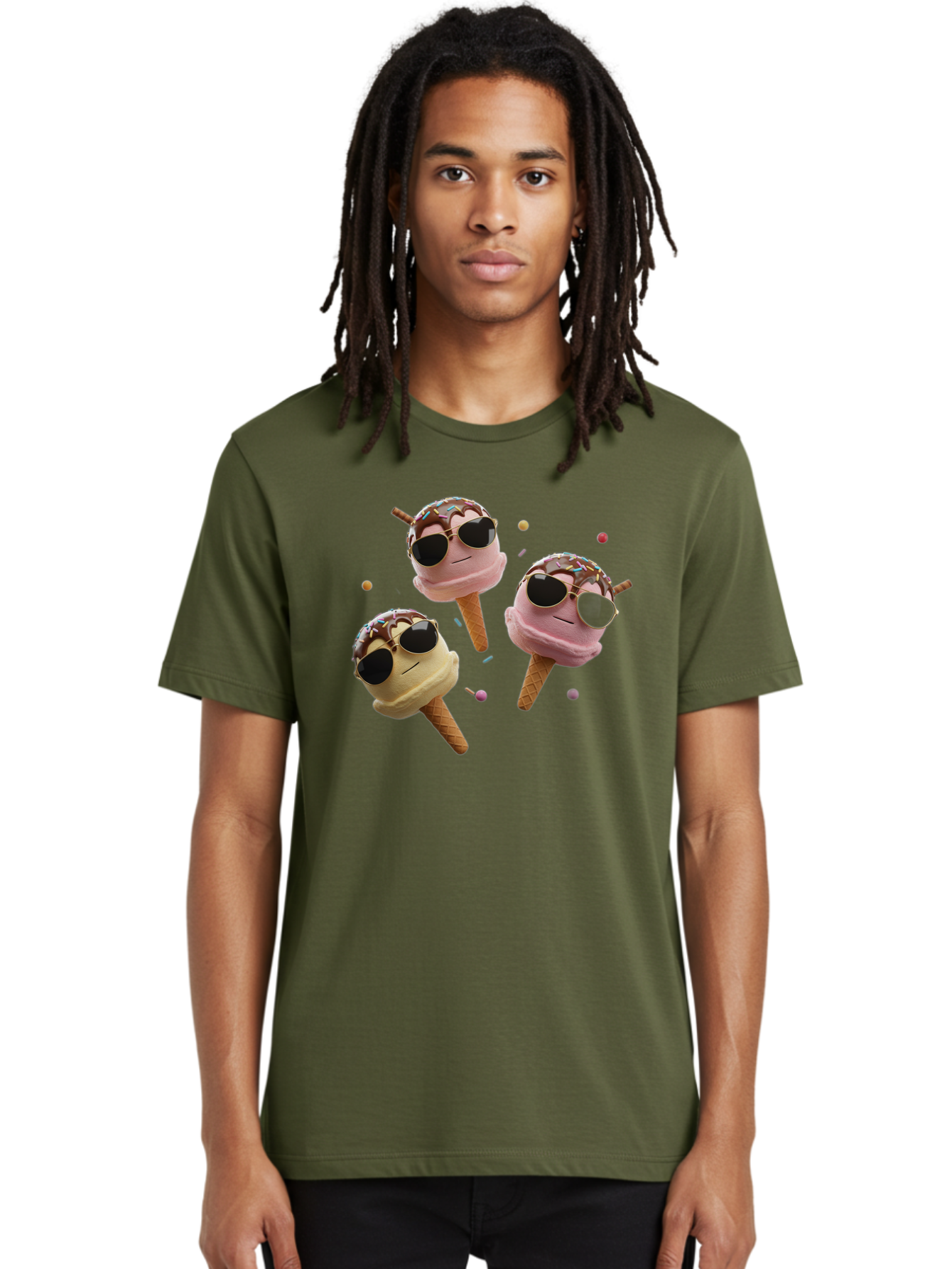 Ice-Cream-Cones-With-Sunglasses Men'S Graphic Tee, 100% Cotton, Comfortable Casual Summer Wear, Machine Washable, Ice Cream Cones With Sunglasses, Melting Ice Cream, Cartoon Style, Summer Treats, Colorful Sprinkles, Fun And Playful, Baa876
