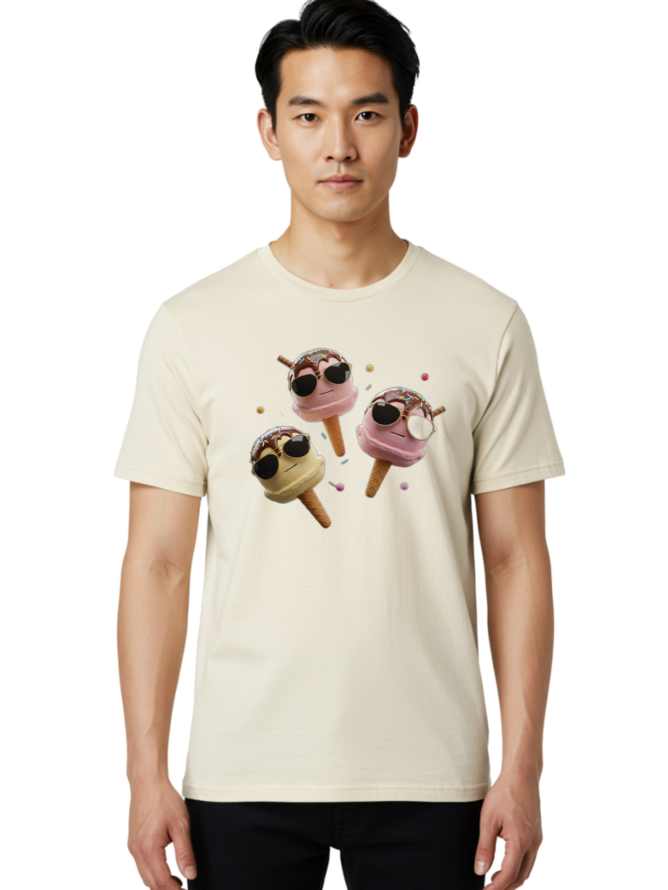 Ice-Cream-Cones-With-Sunglasses Men'S Graphic Tee, 100% Cotton, Comfortable Casual Summer Wear, Machine Washable, Ice Cream Cones With Sunglasses, Melting Ice Cream, Cartoon Style, Summer Treats, Colorful Sprinkles, Fun And Playful, Baa876