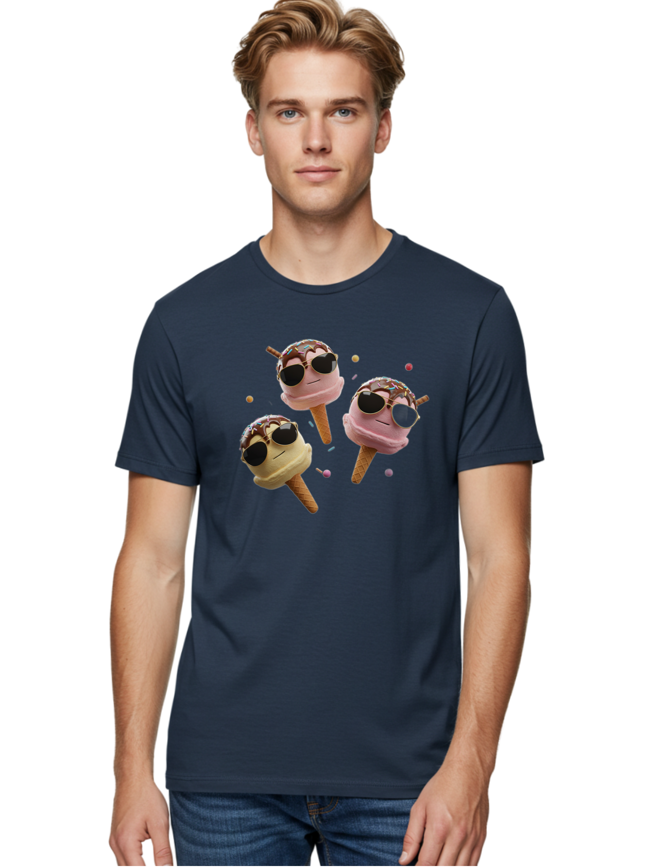 Ice-Cream-Cones-With-Sunglasses Men'S Graphic Tee, 100% Cotton, Comfortable Casual Summer Wear, Machine Washable, Ice Cream Cones With Sunglasses, Melting Ice Cream, Cartoon Style, Summer Treats, Colorful Sprinkles, Fun And Playful, Baa876