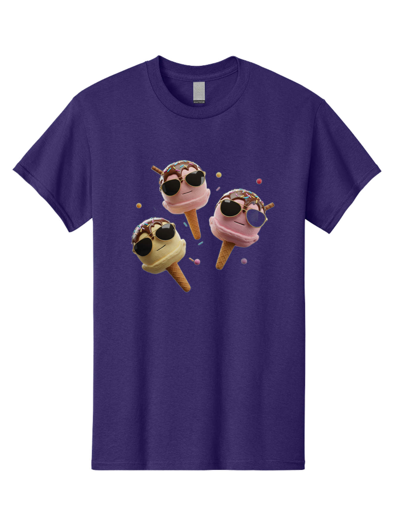 Ice-Cream-Cones-With-Sunglasses Men'S Graphic Tee, 100% Cotton, Comfortable Casual Summer Wear, Machine Washable, Ice Cream Cones With Sunglasses, Melting Ice Cream, Cartoon Style, Summer Treats, Colorful Sprinkles, Fun And Playful, Baa876