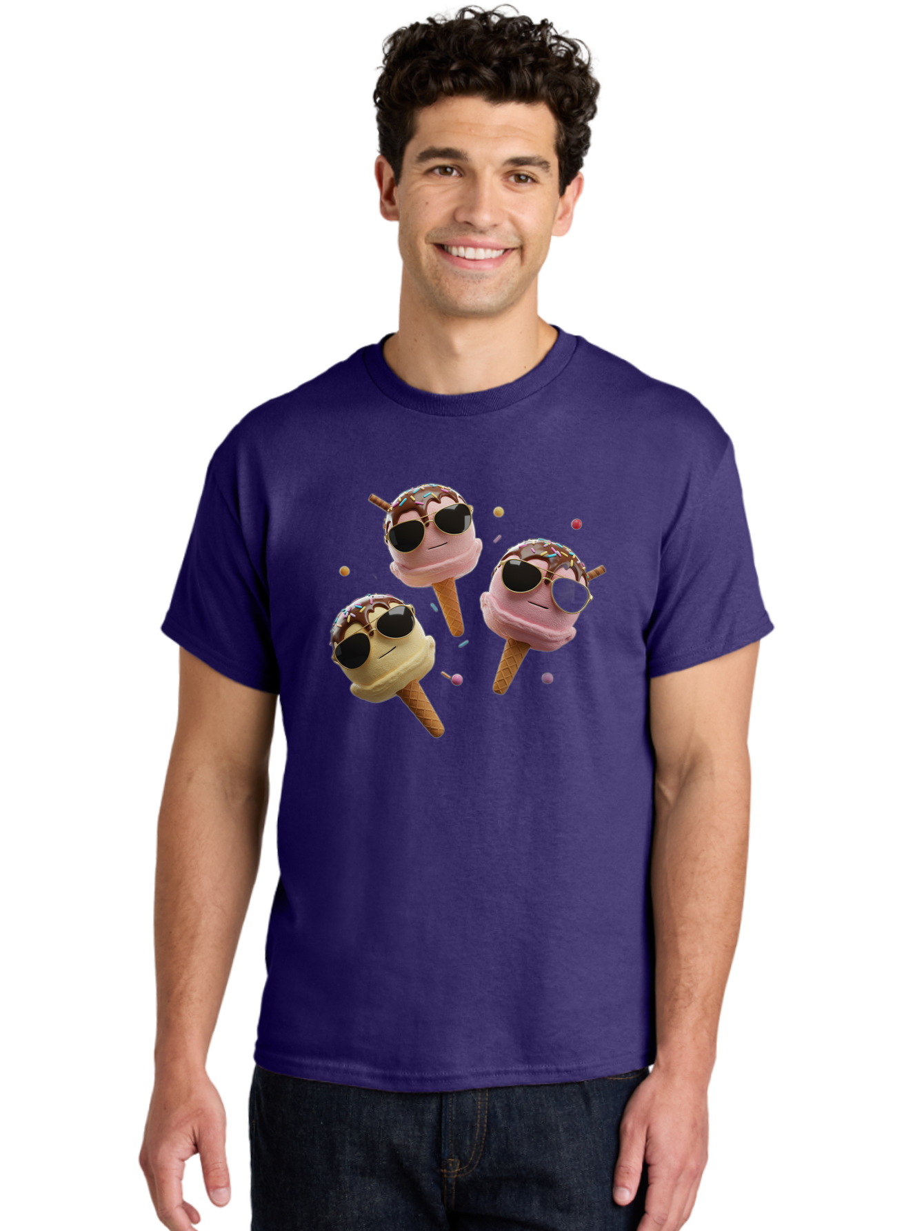 Ice-Cream-Cones-With-Sunglasses Men'S Graphic Tee, 100% Cotton, Comfortable Casual Summer Wear, Machine Washable, Ice Cream Cones With Sunglasses, Melting Ice Cream, Cartoon Style, Summer Treats, Colorful Sprinkles, Fun And Playful, Baa876