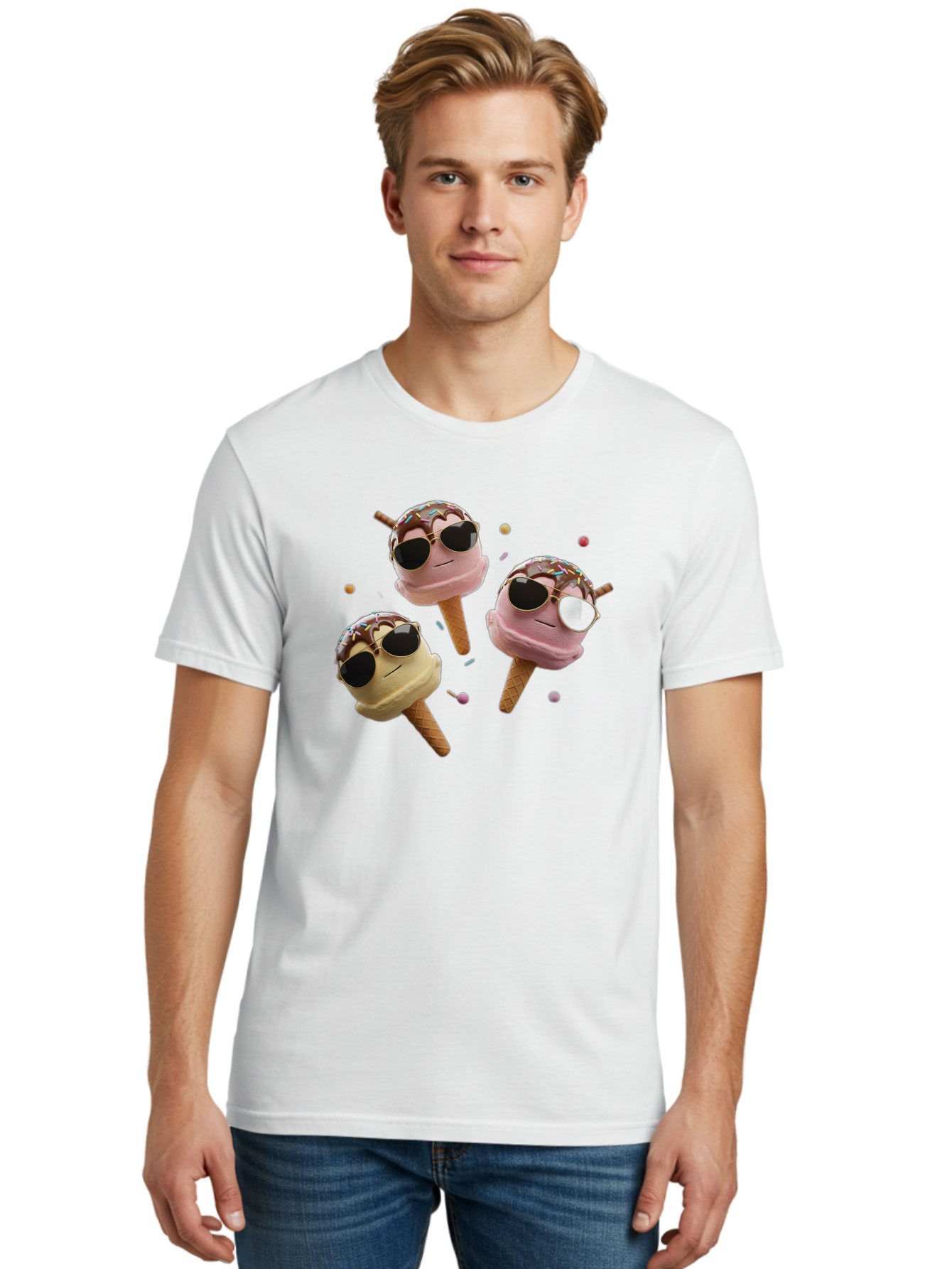 Ice-Cream-Cones-With-Sunglasses Men'S Graphic Tee, 100% Cotton, Comfortable Casual Summer Wear, Machine Washable, Ice Cream Cones With Sunglasses, Melting Ice Cream, Cartoon Style, Summer Treats, Colorful Sprinkles, Fun And Playful, Baa876