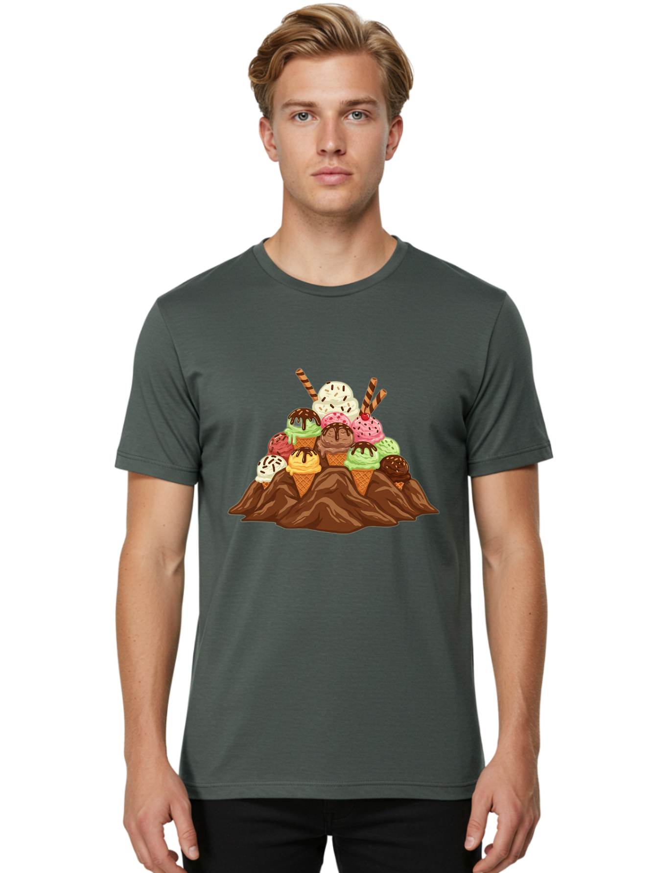 Ice-Cream-Cones Men'S Graphic Tee, 100% Cotton, Comfortable Casual Summer Wear, Machine Washable, Ice Cream Cones, Chocolate Sauce, Sprinkles, Waffle Cones, Colorful Ice Cream, Sweet Treats, Dessert Delights, Tasty Ice Cream, Dessert Art, Baa877
