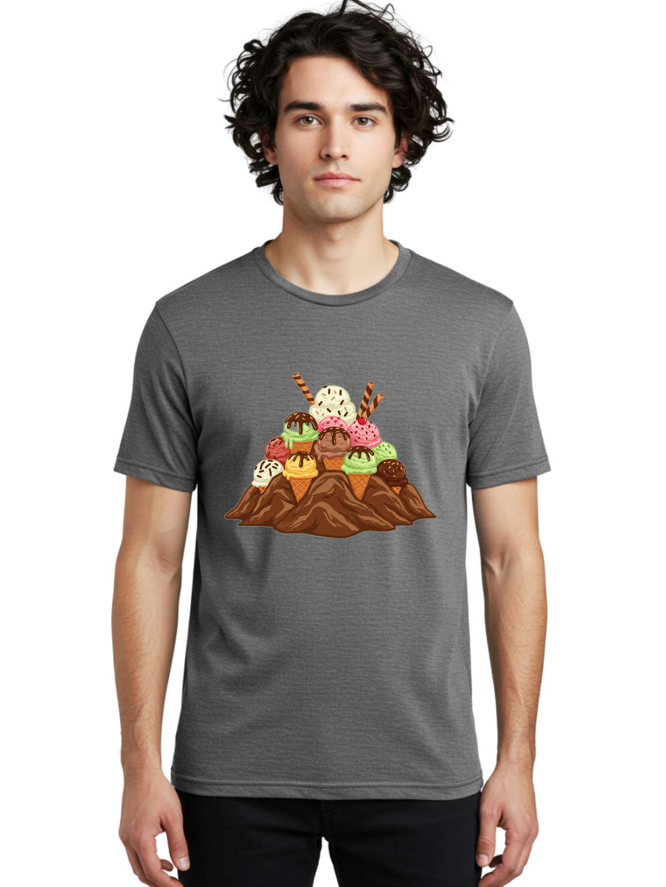 Ice-Cream-Cones Men'S Graphic Tee, 100% Cotton, Comfortable Casual Summer Wear, Machine Washable, Ice Cream Cones, Chocolate Sauce, Sprinkles, Waffle Cones, Colorful Ice Cream, Sweet Treats, Dessert Delights, Tasty Ice Cream, Dessert Art, Baa877