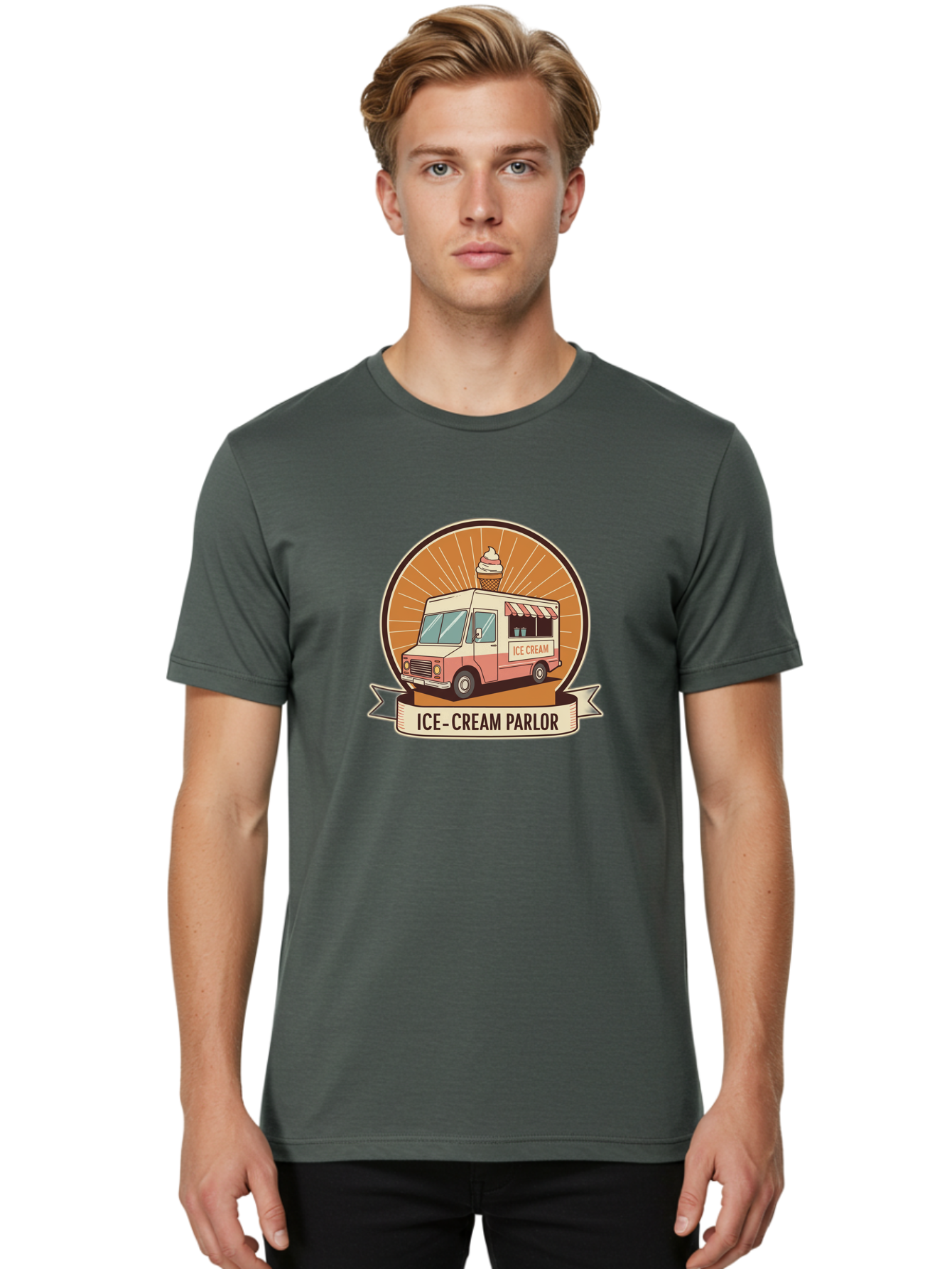 Ice-Cream-Parlor Men'S Graphic Tee, 100% Cotton, Comfortable Casual Summer Wear, Machine Washable, Ice Cream Truck, Ice Cream Parlor, Vintage Truck, Sweet Treats, Retro Style, Ice Cream Cone, Dessert Delight, Summertime Fun, Nostalgic Charm Baa878