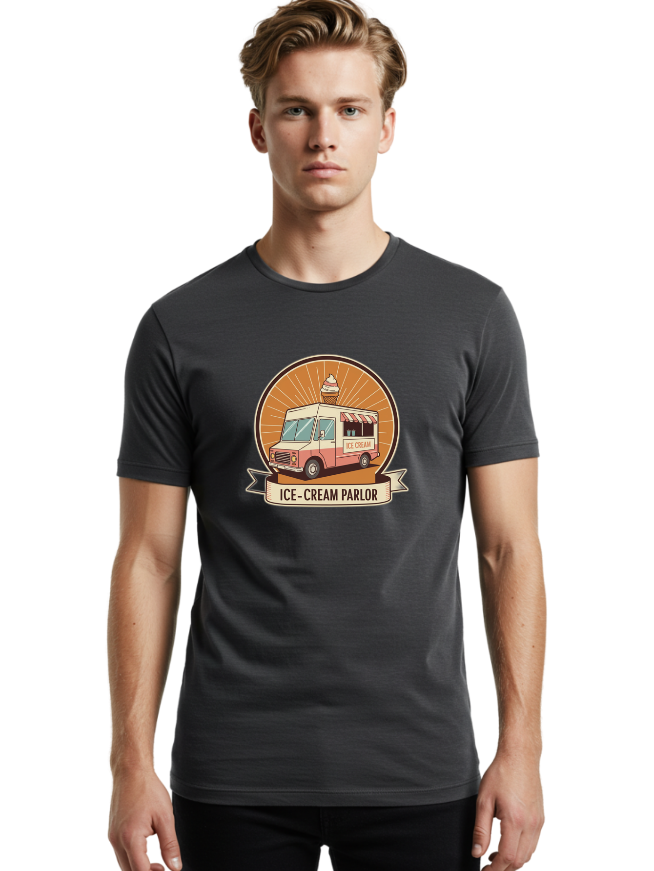 Ice-Cream-Parlor Men'S Graphic Tee, 100% Cotton, Comfortable Casual Summer Wear, Machine Washable, Ice Cream Truck, Ice Cream Parlor, Vintage Truck, Sweet Treats, Retro Style, Ice Cream Cone, Dessert Delight, Summertime Fun, Nostalgic Charm Baa878