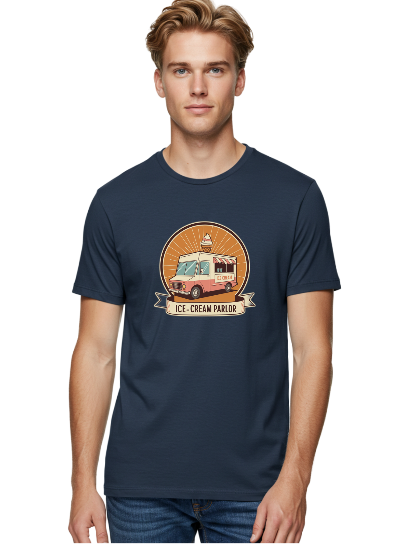 Ice-Cream-Parlor Men'S Graphic Tee, 100% Cotton, Comfortable Casual Summer Wear, Machine Washable, Ice Cream Truck, Ice Cream Parlor, Vintage Truck, Sweet Treats, Retro Style, Ice Cream Cone, Dessert Delight, Summertime Fun, Nostalgic Charm Baa878