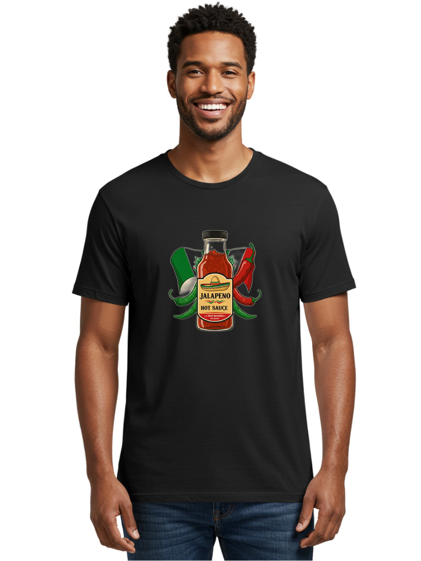 Jalapeno-Hot-Sauce Men'S Graphic Tee, 100% Cotton, Comfortable Casual Summer Wear, Machine Washable, Jalapeno Hot Sauce, Spicy Condiment, Mexican Cuisine, Hot Peppers, Chili Peppers, Jalapeno Peppers, Salsa, Hot Sauce Bottle, Condiment Bottle Baa882
