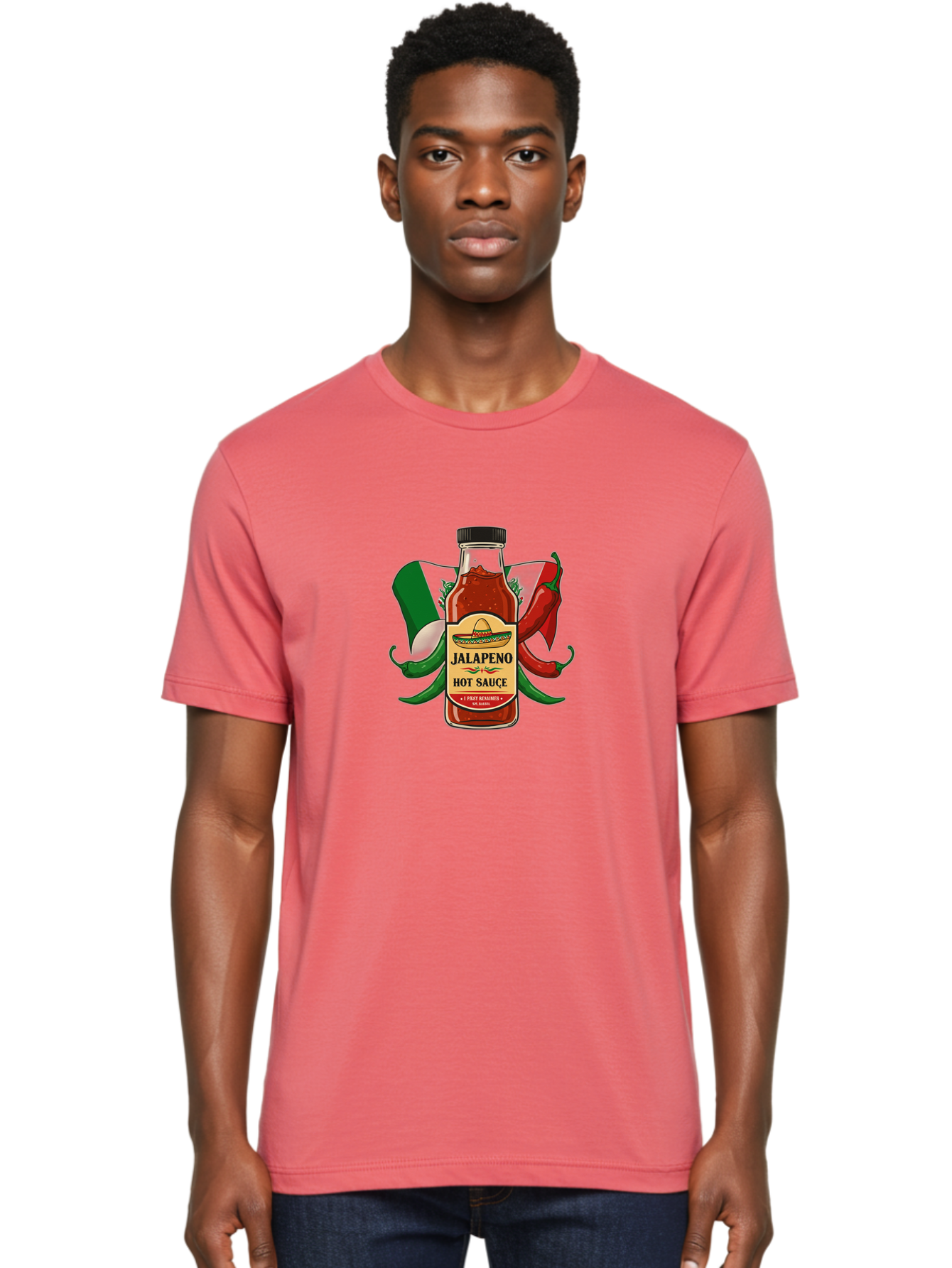 Jalapeno-Hot-Sauce Men'S Graphic Tee, 100% Cotton, Comfortable Casual Summer Wear, Machine Washable, Jalapeno Hot Sauce, Spicy Condiment, Mexican Cuisine, Hot Peppers, Chili Peppers, Jalapeno Peppers, Salsa, Hot Sauce Bottle, Condiment Bottle Baa882