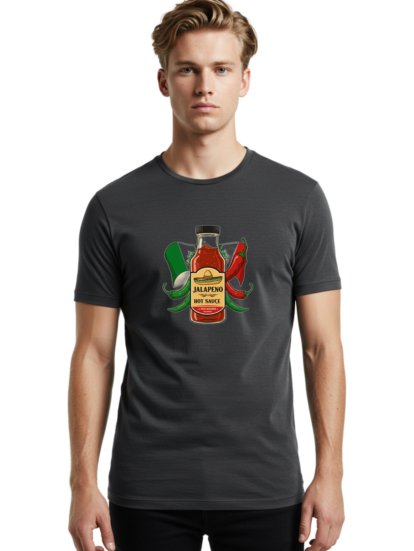 Jalapeno-Hot-Sauce Men'S Graphic Tee, 100% Cotton, Comfortable Casual Summer Wear, Machine Washable, Jalapeno Hot Sauce, Spicy Condiment, Mexican Cuisine, Hot Peppers, Chili Peppers, Jalapeno Peppers, Salsa, Hot Sauce Bottle, Condiment Bottle Baa882