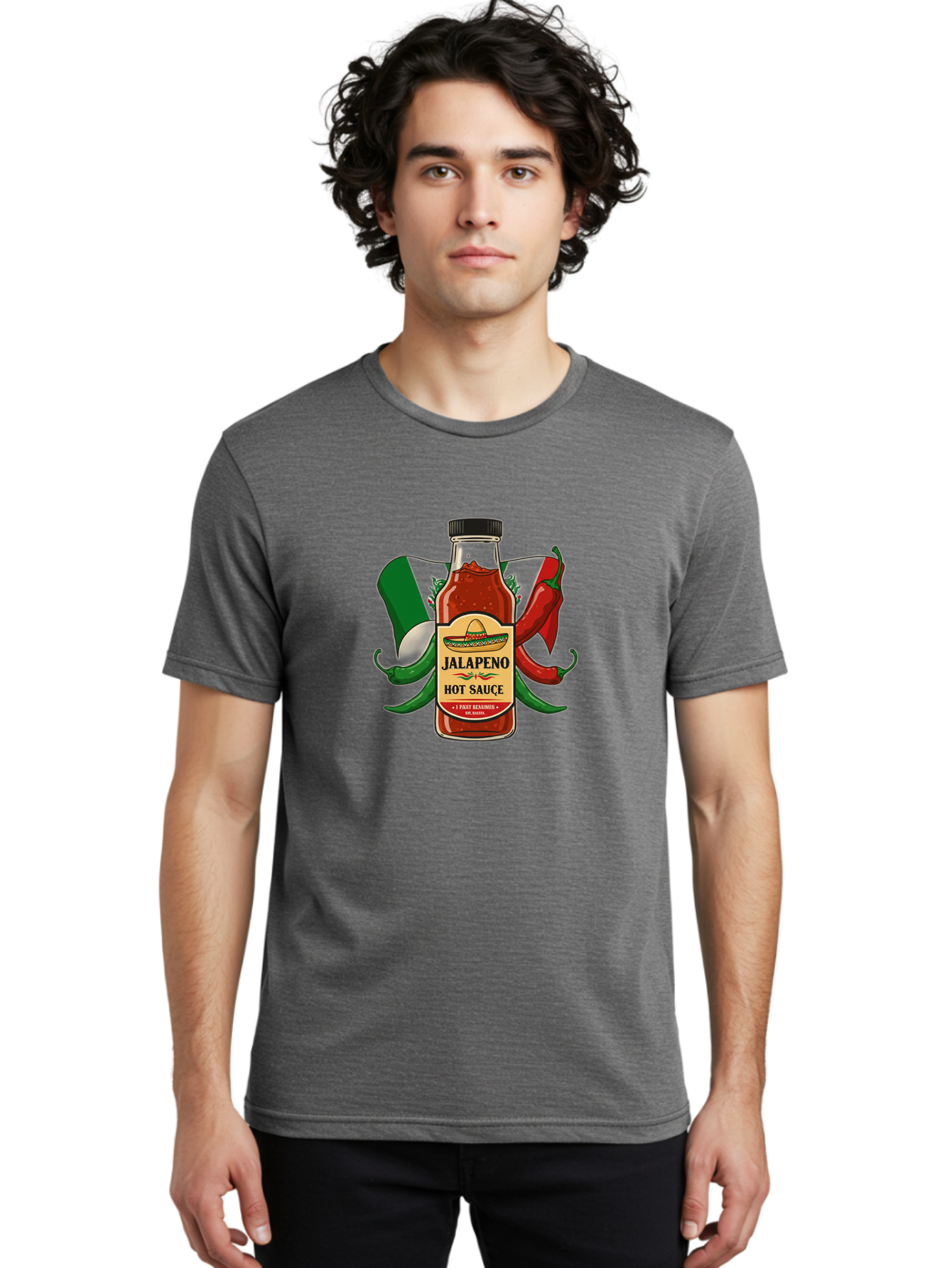 Jalapeno-Hot-Sauce Men'S Graphic Tee, 100% Cotton, Comfortable Casual Summer Wear, Machine Washable, Jalapeno Hot Sauce, Spicy Condiment, Mexican Cuisine, Hot Peppers, Chili Peppers, Jalapeno Peppers, Salsa, Hot Sauce Bottle, Condiment Bottle Baa882
