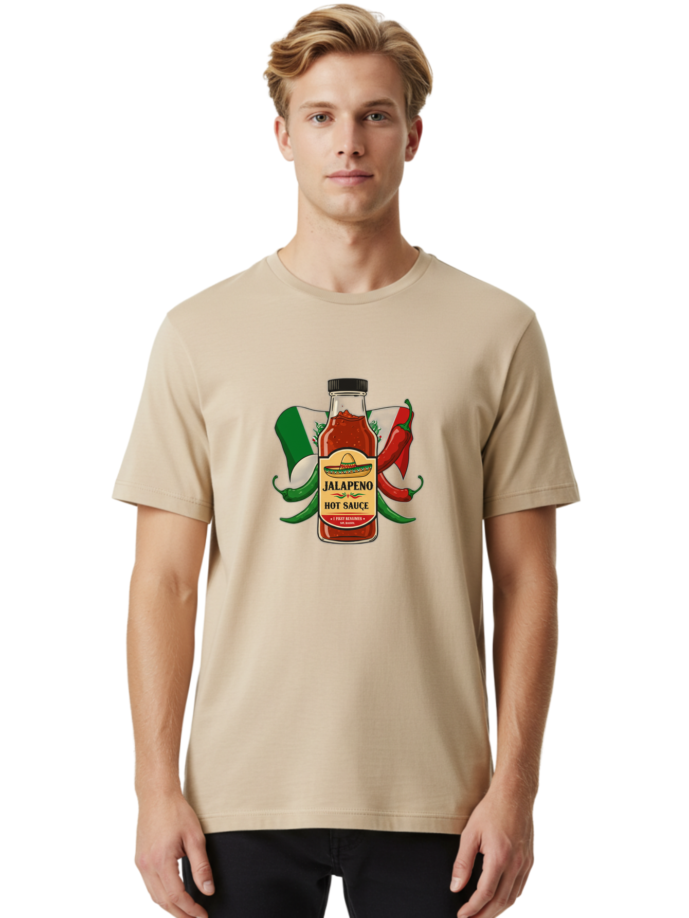 Jalapeno-Hot-Sauce Men'S Graphic Tee, 100% Cotton, Comfortable Casual Summer Wear, Machine Washable, Jalapeno Hot Sauce, Spicy Condiment, Mexican Cuisine, Hot Peppers, Chili Peppers, Jalapeno Peppers, Salsa, Hot Sauce Bottle, Condiment Bottle Baa882