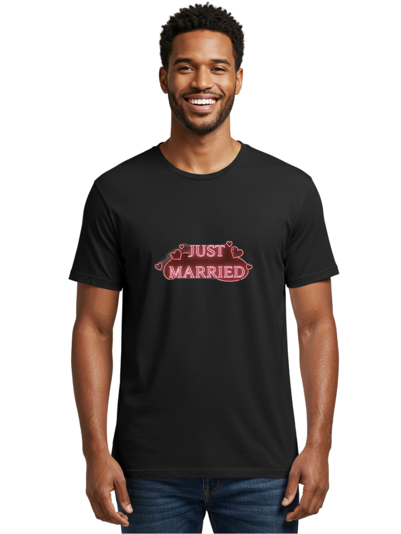 Just-Married-3 Men'S Graphic Tee, 100% Cotton, Comfortable Casual Summer Wear, Machine Washable, Just Married Sign, Wedding Decor, Love Hearts, Pink Neon Lights, Marriage Celebration, Wedding Decoration Ideas, Happy Couple, Baa887