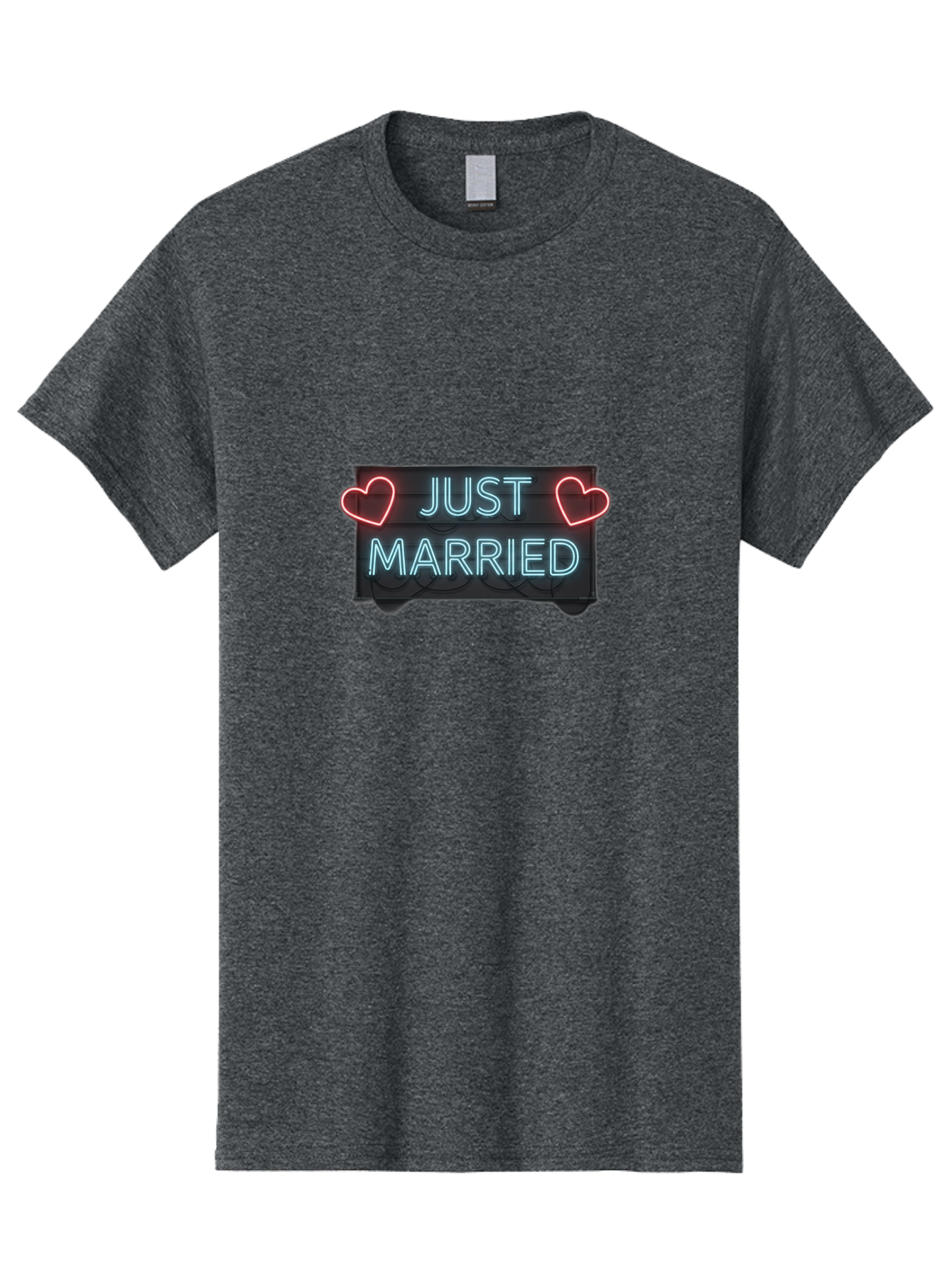 Just-Married-Neon-Sign Men'S Graphic Tee, 100% Cotton, Comfortable Casual Summer Wear, Machine Washable, Just Married Sign, Neon Lights, Love Hearts, Wedding Decoration, Romantic Ambiance, Newlyweds, Love Symbol, Glowing Hearts, Baa894