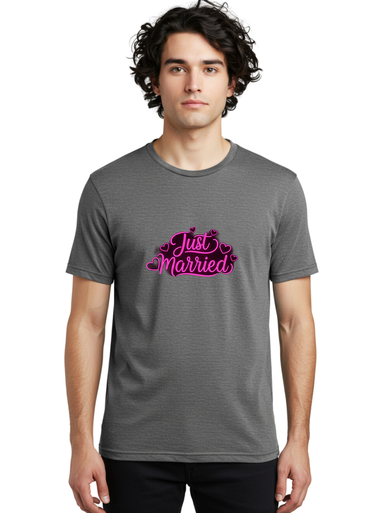 Just-Married Men'S Graphic Tee, 100% Cotton, Comfortable Casual Summer Wear, Machine Washable, Neon Pink Just Married Sign, Cursive Script, Love Hearts, Wedding Decor, Romantic Ambiance, Newlyweds, Love Symbols Baa895
