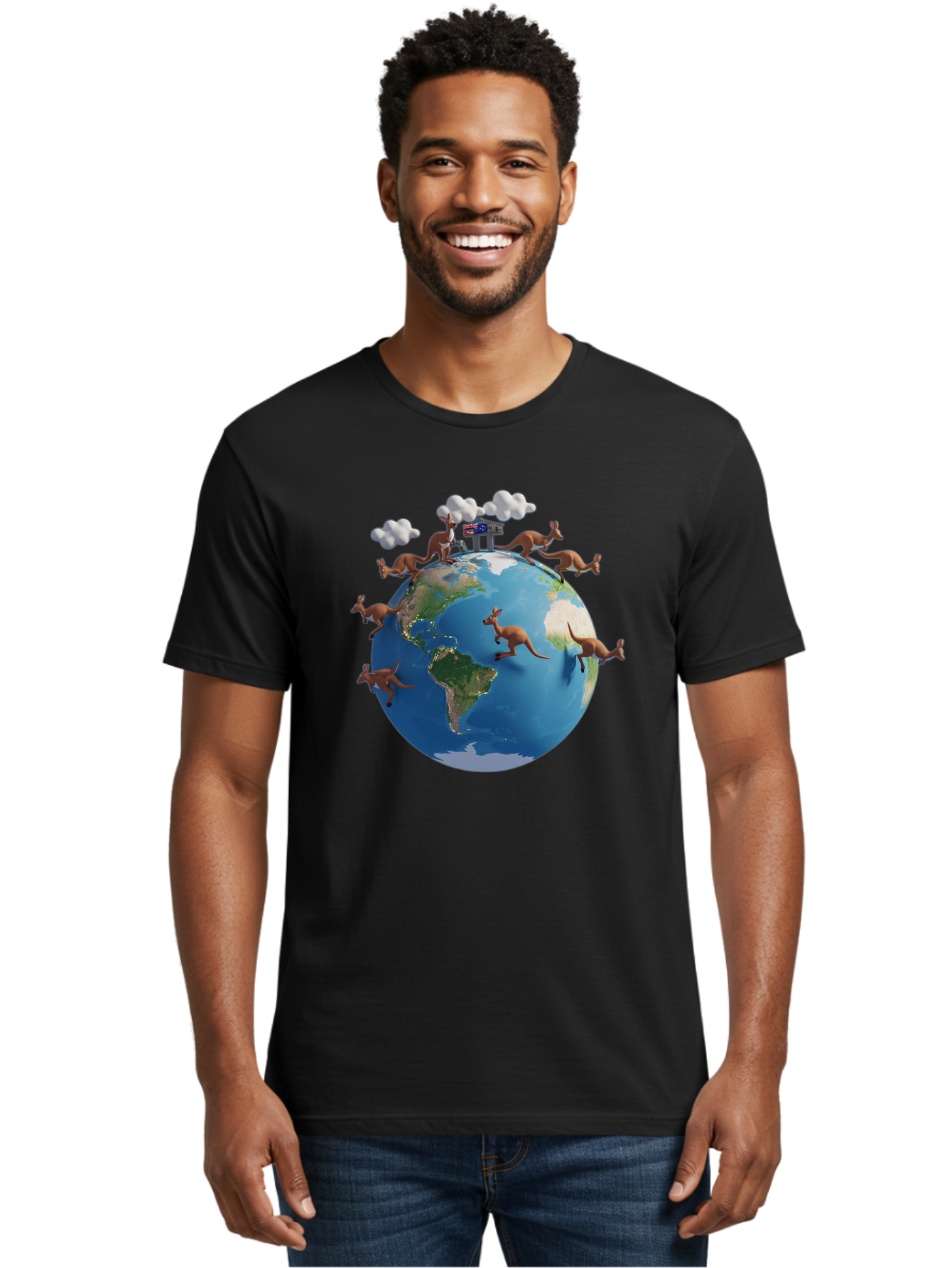 Kangaroos-On-Globe Men'S Graphic Tee, 100% Cotton, Comfortable Casual Summer Wear, Machine Washable, Kangaroos Jumping Around The World, Earth From Space, Global Unity, Playful Wildlife, Marsupials, International Friendship, Africa, Baa897