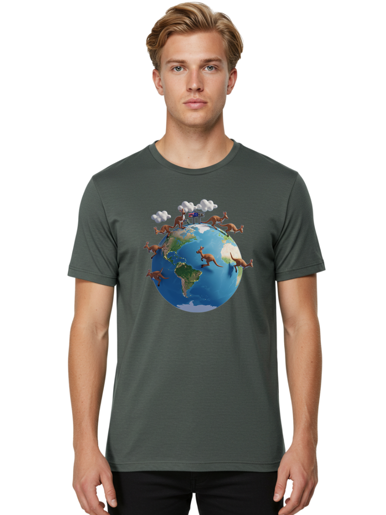 Kangaroos-On-Globe Men'S Graphic Tee, 100% Cotton, Comfortable Casual Summer Wear, Machine Washable, Kangaroos Jumping Around The World, Earth From Space, Global Unity, Playful Wildlife, Marsupials, International Friendship, Africa, Baa897