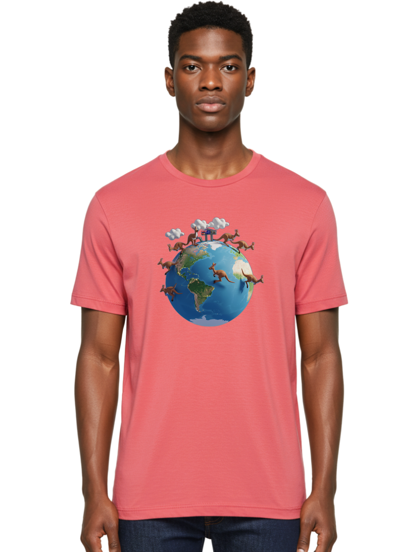 Kangaroos-On-Globe Men'S Graphic Tee, 100% Cotton, Comfortable Casual Summer Wear, Machine Washable, Kangaroos Jumping Around The World, Earth From Space, Global Unity, Playful Wildlife, Marsupials, International Friendship, Africa, Baa897
