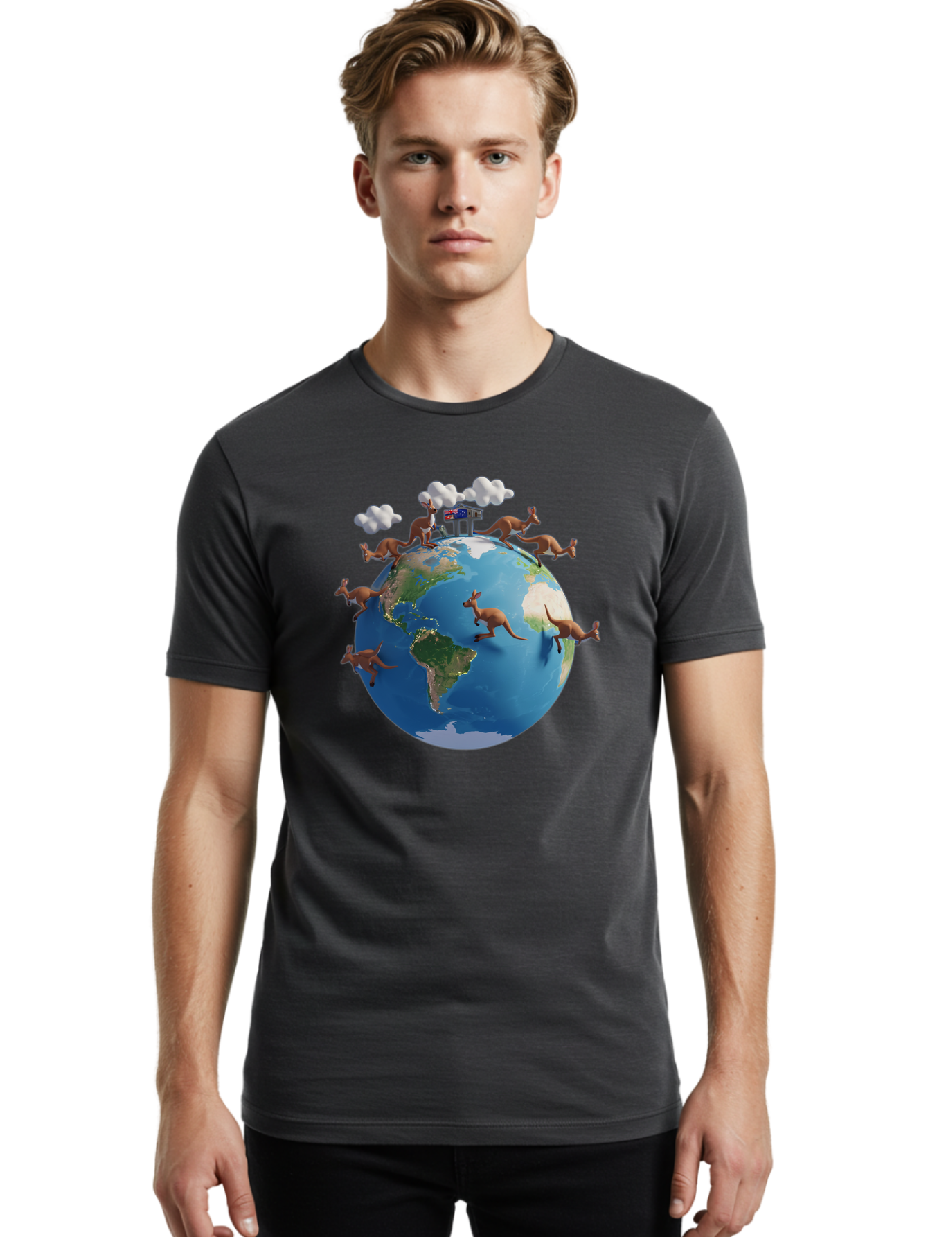 Kangaroos-On-Globe Men'S Graphic Tee, 100% Cotton, Comfortable Casual Summer Wear, Machine Washable, Kangaroos Jumping Around The World, Earth From Space, Global Unity, Playful Wildlife, Marsupials, International Friendship, Africa, Baa897