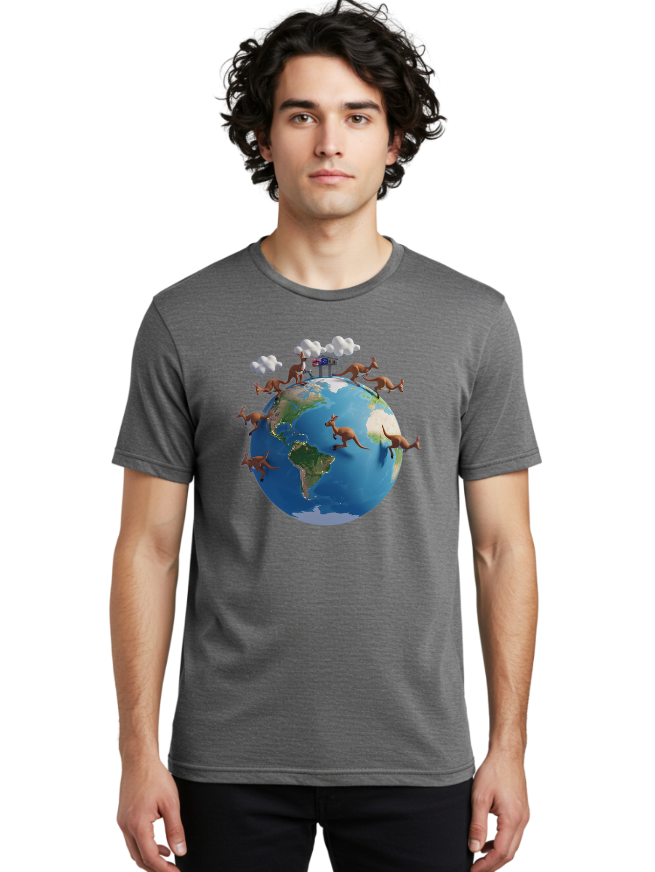 Kangaroos-On-Globe Men'S Graphic Tee, 100% Cotton, Comfortable Casual Summer Wear, Machine Washable, Kangaroos Jumping Around The World, Earth From Space, Global Unity, Playful Wildlife, Marsupials, International Friendship, Africa, Baa897