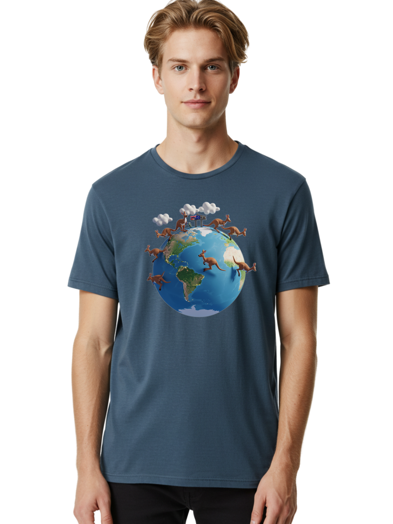 Kangaroos-On-Globe Men'S Graphic Tee, 100% Cotton, Comfortable Casual Summer Wear, Machine Washable, Kangaroos Jumping Around The World, Earth From Space, Global Unity, Playful Wildlife, Marsupials, International Friendship, Africa, Baa897