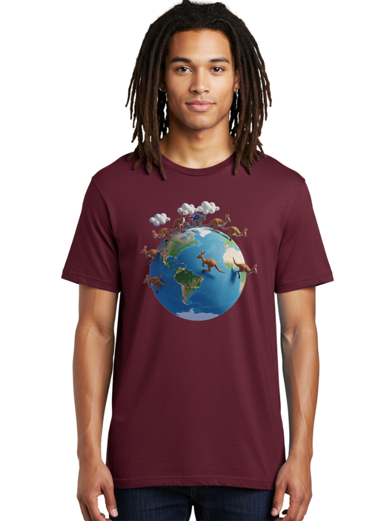 Kangaroos-On-Globe Men'S Graphic Tee, 100% Cotton, Comfortable Casual Summer Wear, Machine Washable, Kangaroos Jumping Around The World, Earth From Space, Global Unity, Playful Wildlife, Marsupials, International Friendship, Africa, Baa897