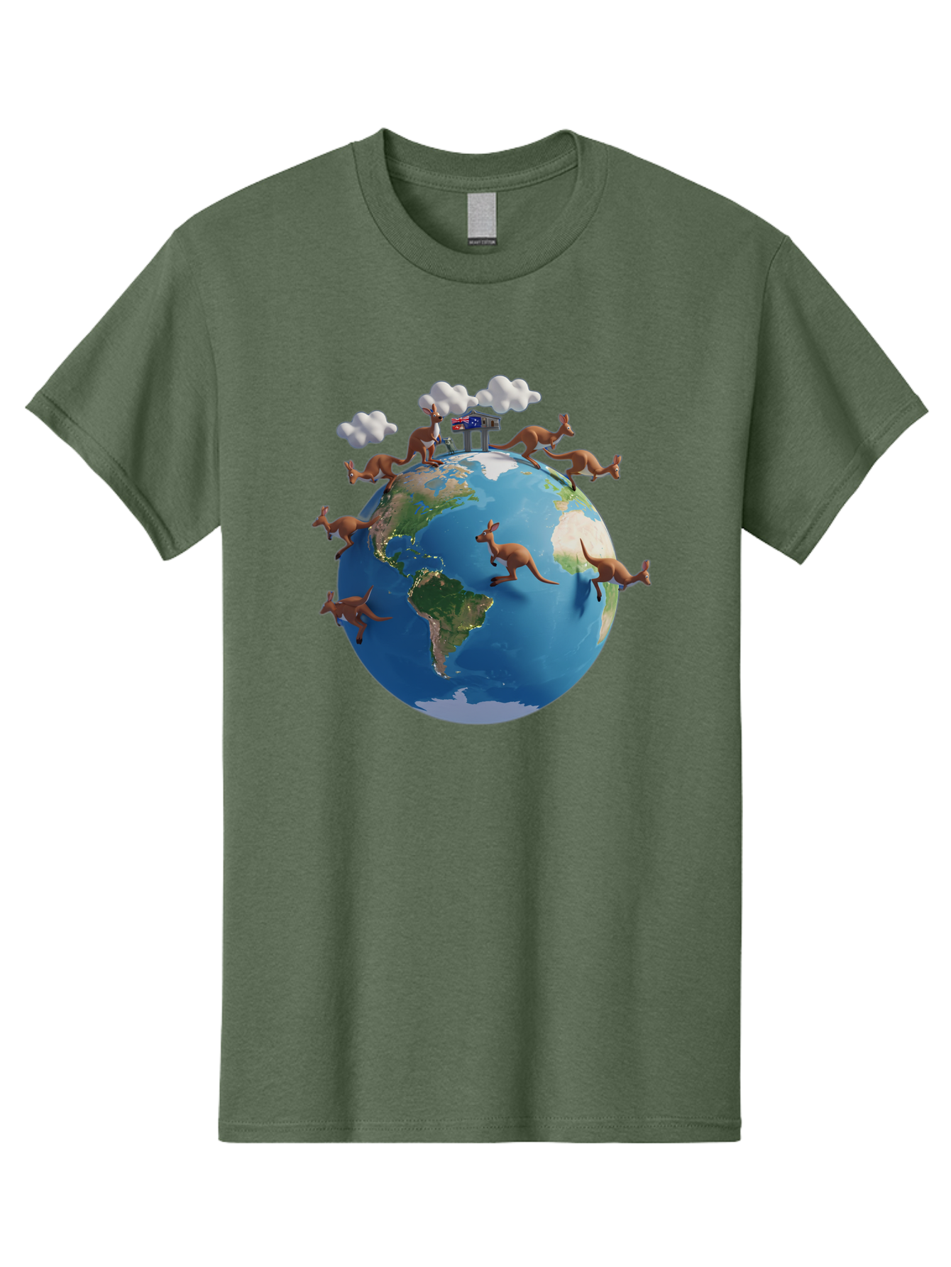 Kangaroos-On-Globe Men'S Graphic Tee, 100% Cotton, Comfortable Casual Summer Wear, Machine Washable, Kangaroos Jumping Around The World, Earth From Space, Global Unity, Playful Wildlife, Marsupials, International Friendship, Africa, Baa897