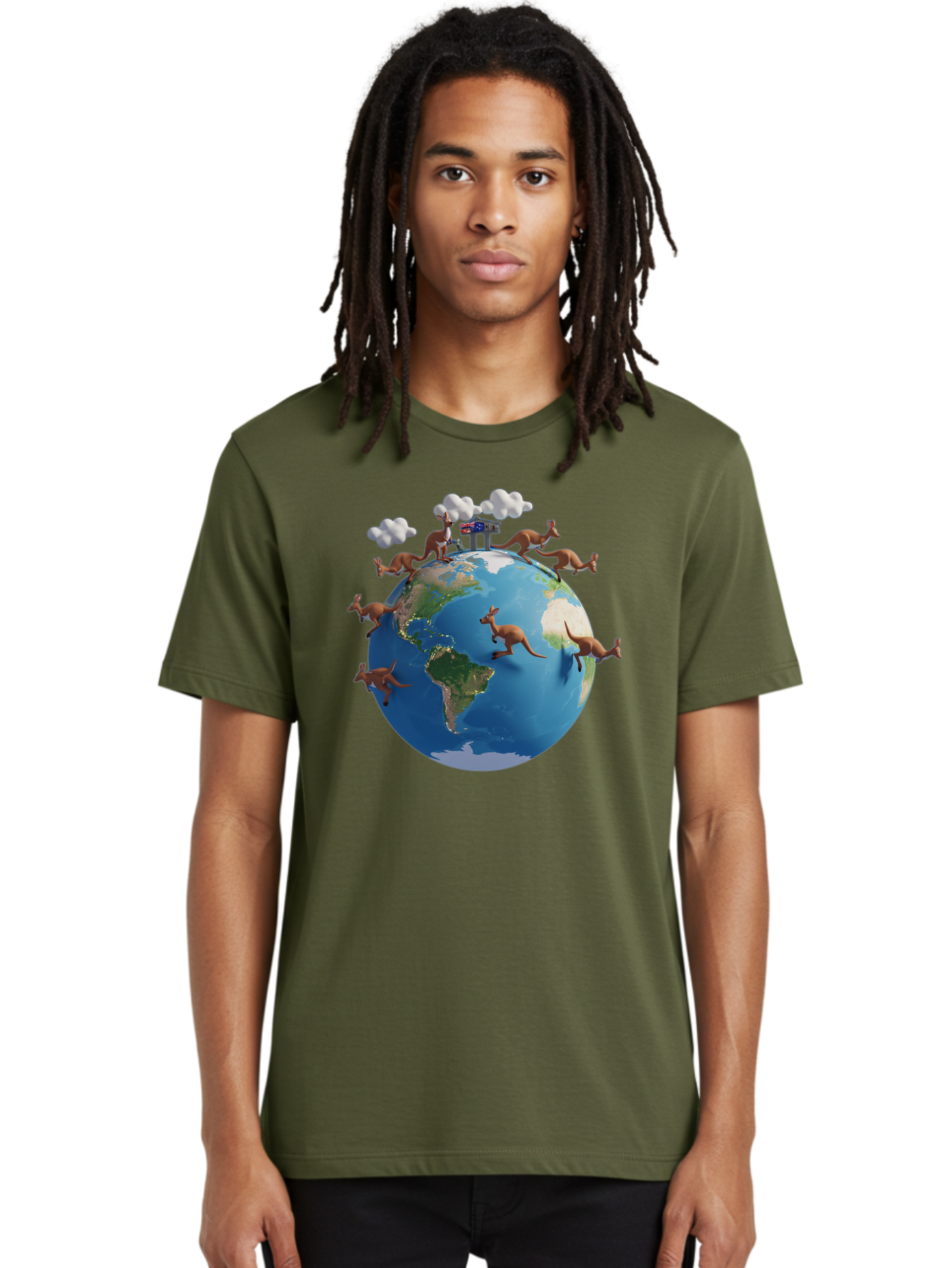 Kangaroos-On-Globe Men'S Graphic Tee, 100% Cotton, Comfortable Casual Summer Wear, Machine Washable, Kangaroos Jumping Around The World, Earth From Space, Global Unity, Playful Wildlife, Marsupials, International Friendship, Africa, Baa897