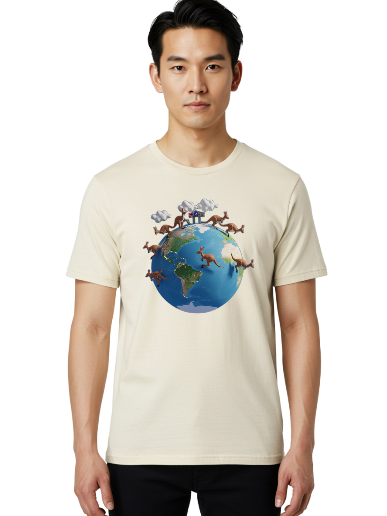 Kangaroos-On-Globe Men'S Graphic Tee, 100% Cotton, Comfortable Casual Summer Wear, Machine Washable, Kangaroos Jumping Around The World, Earth From Space, Global Unity, Playful Wildlife, Marsupials, International Friendship, Africa, Baa897
