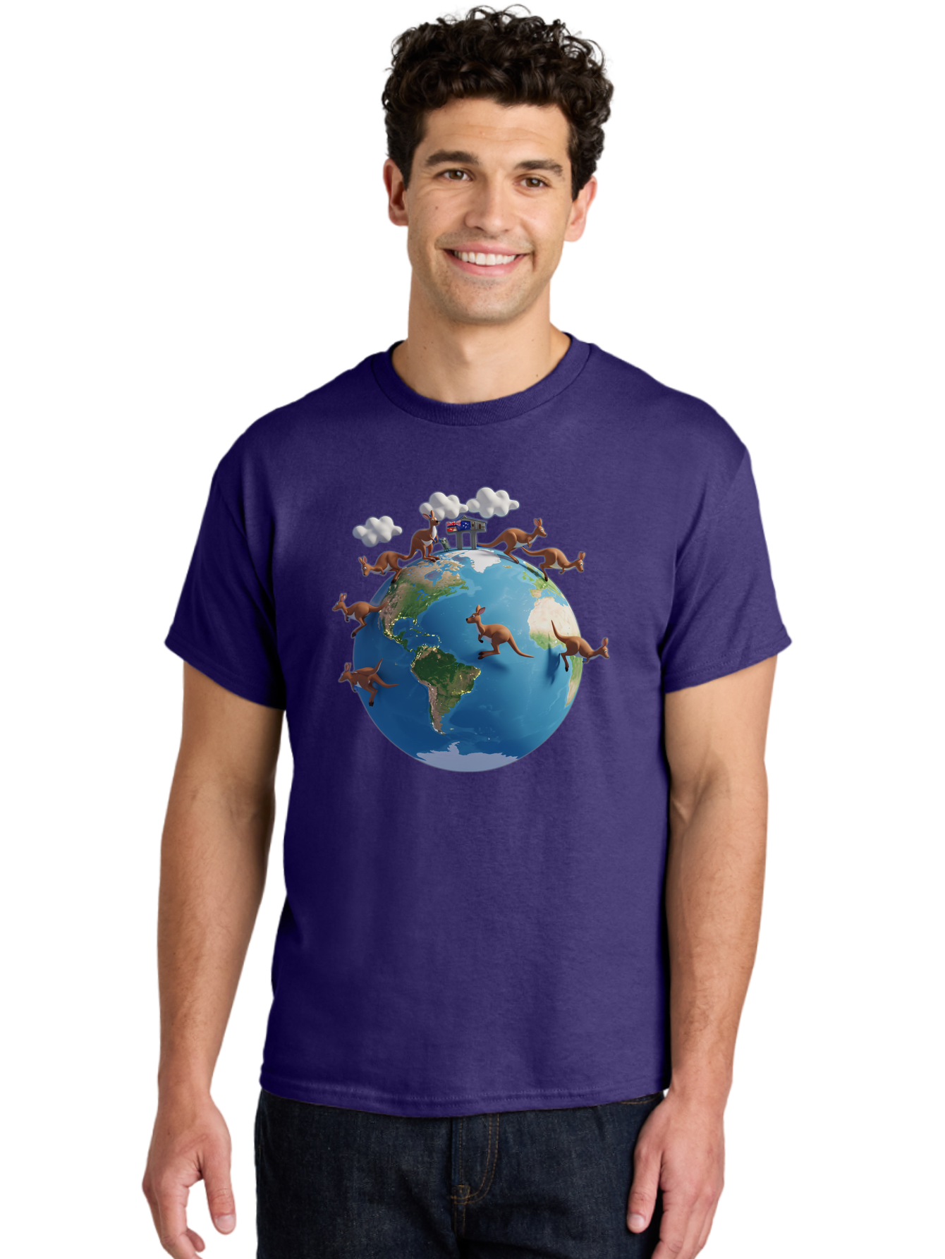 Kangaroos-On-Globe Men'S Graphic Tee, 100% Cotton, Comfortable Casual Summer Wear, Machine Washable, Kangaroos Jumping Around The World, Earth From Space, Global Unity, Playful Wildlife, Marsupials, International Friendship, Africa, Baa897