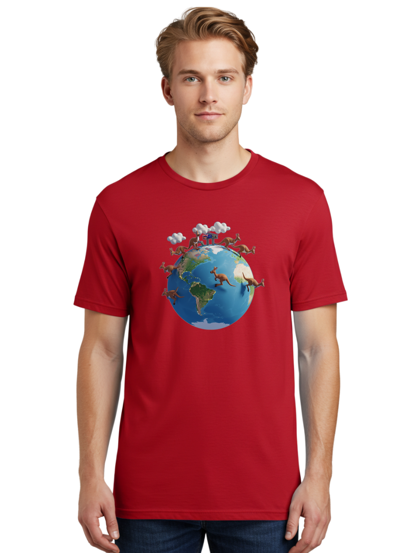 Kangaroos-On-Globe Men'S Graphic Tee, 100% Cotton, Comfortable Casual Summer Wear, Machine Washable, Kangaroos Jumping Around The World, Earth From Space, Global Unity, Playful Wildlife, Marsupials, International Friendship, Africa, Baa897
