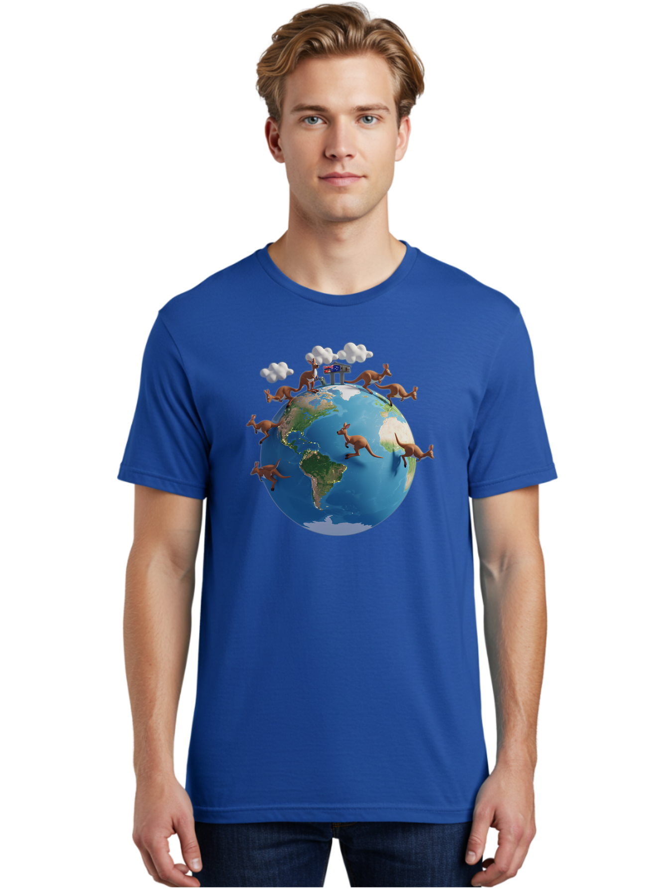 Kangaroos-On-Globe Men'S Graphic Tee, 100% Cotton, Comfortable Casual Summer Wear, Machine Washable, Kangaroos Jumping Around The World, Earth From Space, Global Unity, Playful Wildlife, Marsupials, International Friendship, Africa, Baa897