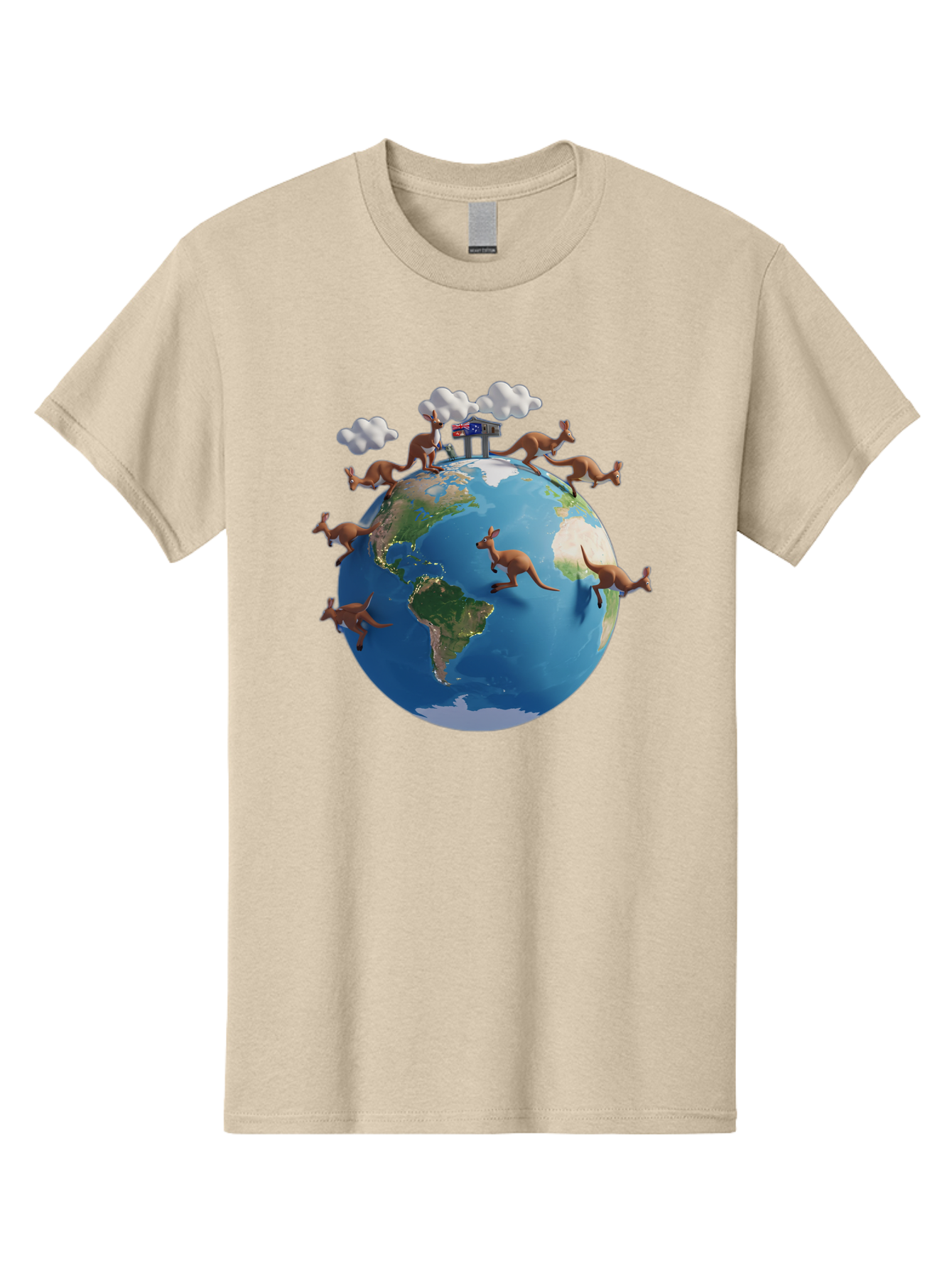 Kangaroos-On-Globe Men'S Graphic Tee, 100% Cotton, Comfortable Casual Summer Wear, Machine Washable, Kangaroos Jumping Around The World, Earth From Space, Global Unity, Playful Wildlife, Marsupials, International Friendship, Africa, Baa897