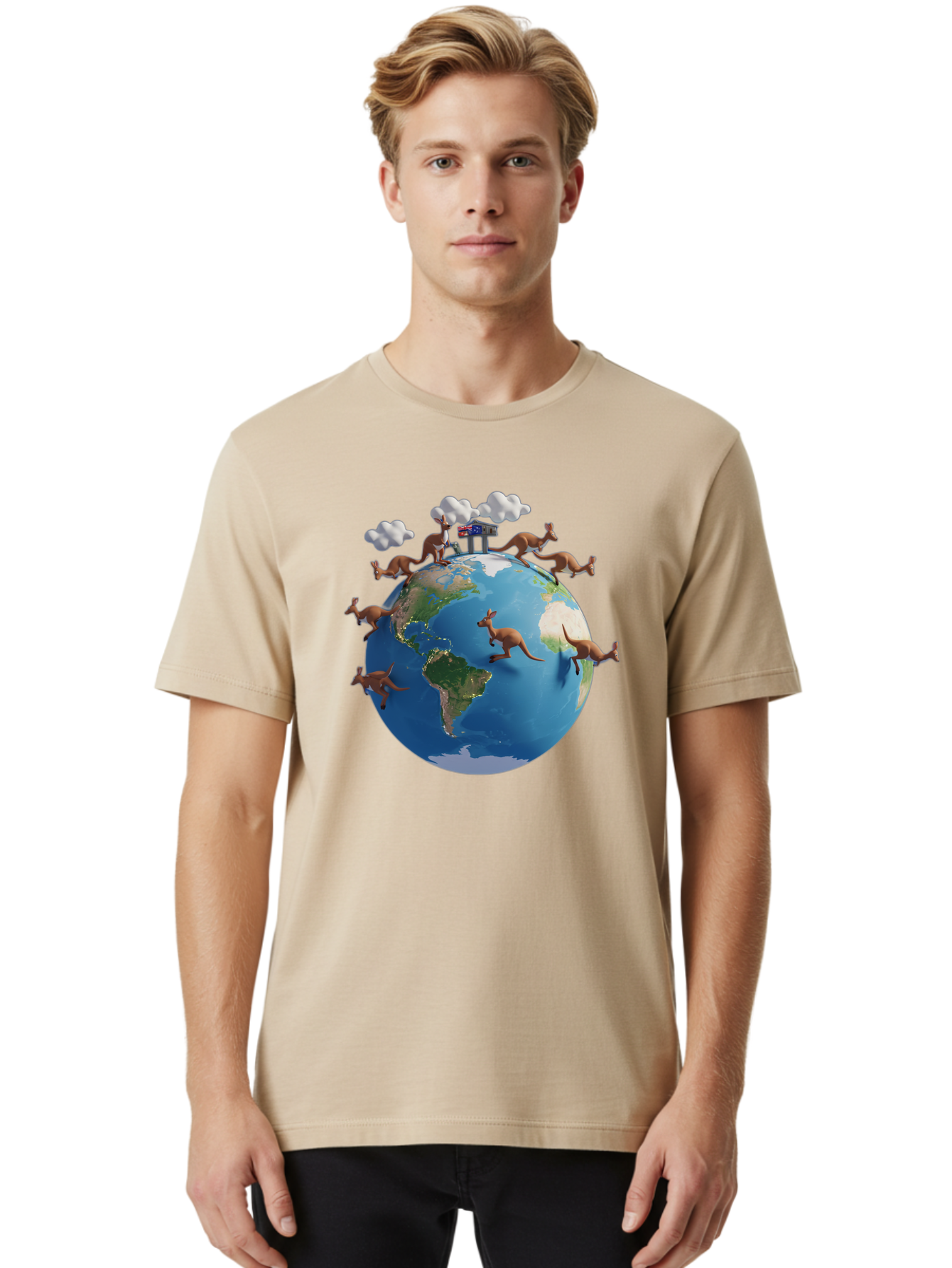 Kangaroos-On-Globe Men'S Graphic Tee, 100% Cotton, Comfortable Casual Summer Wear, Machine Washable, Kangaroos Jumping Around The World, Earth From Space, Global Unity, Playful Wildlife, Marsupials, International Friendship, Africa, Baa897