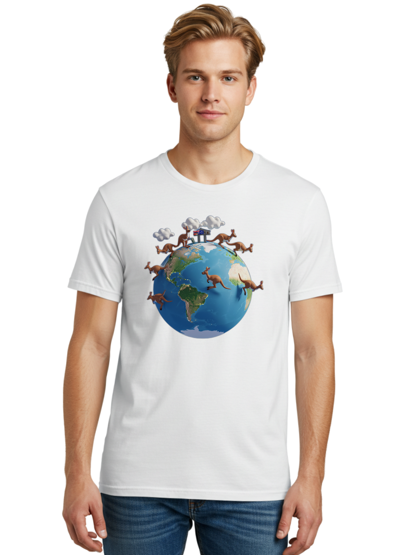 Kangaroos-On-Globe Men'S Graphic Tee, 100% Cotton, Comfortable Casual Summer Wear, Machine Washable, Kangaroos Jumping Around The World, Earth From Space, Global Unity, Playful Wildlife, Marsupials, International Friendship, Africa, Baa897