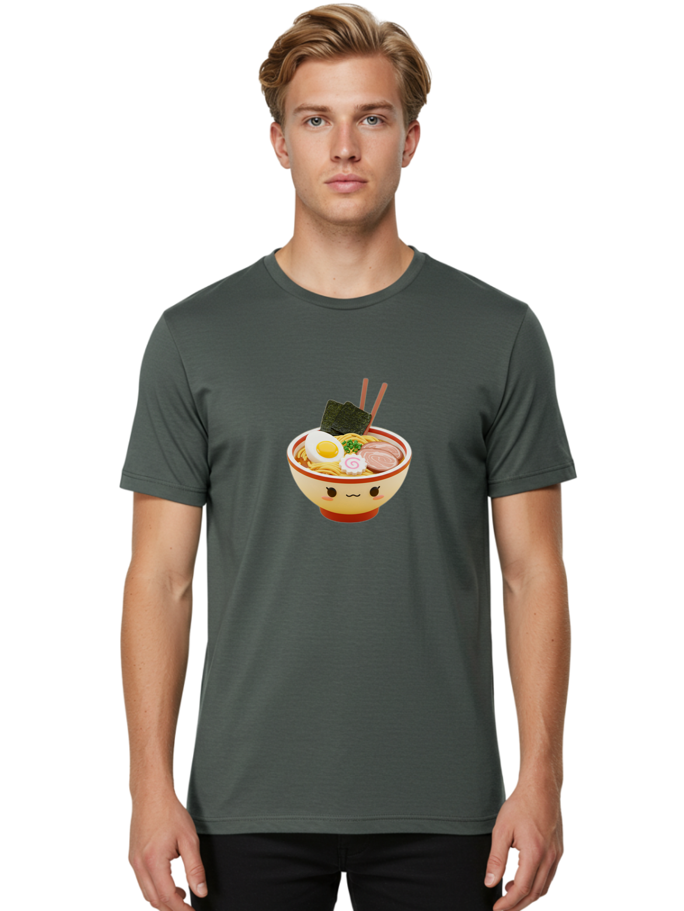 Kawaii-Ramen Men'S Graphic Tee, 100% Cotton, Comfortable Casual Summer Wear, Machine Washable, Cute Ramen Bowl, Cartoon Character, Kawaii Food, Noodle Soup, Boiled Egg, Seaweed, Sliced Pork, Chopsticks, Kawaii Art, Japanese Cuisine, Baa899