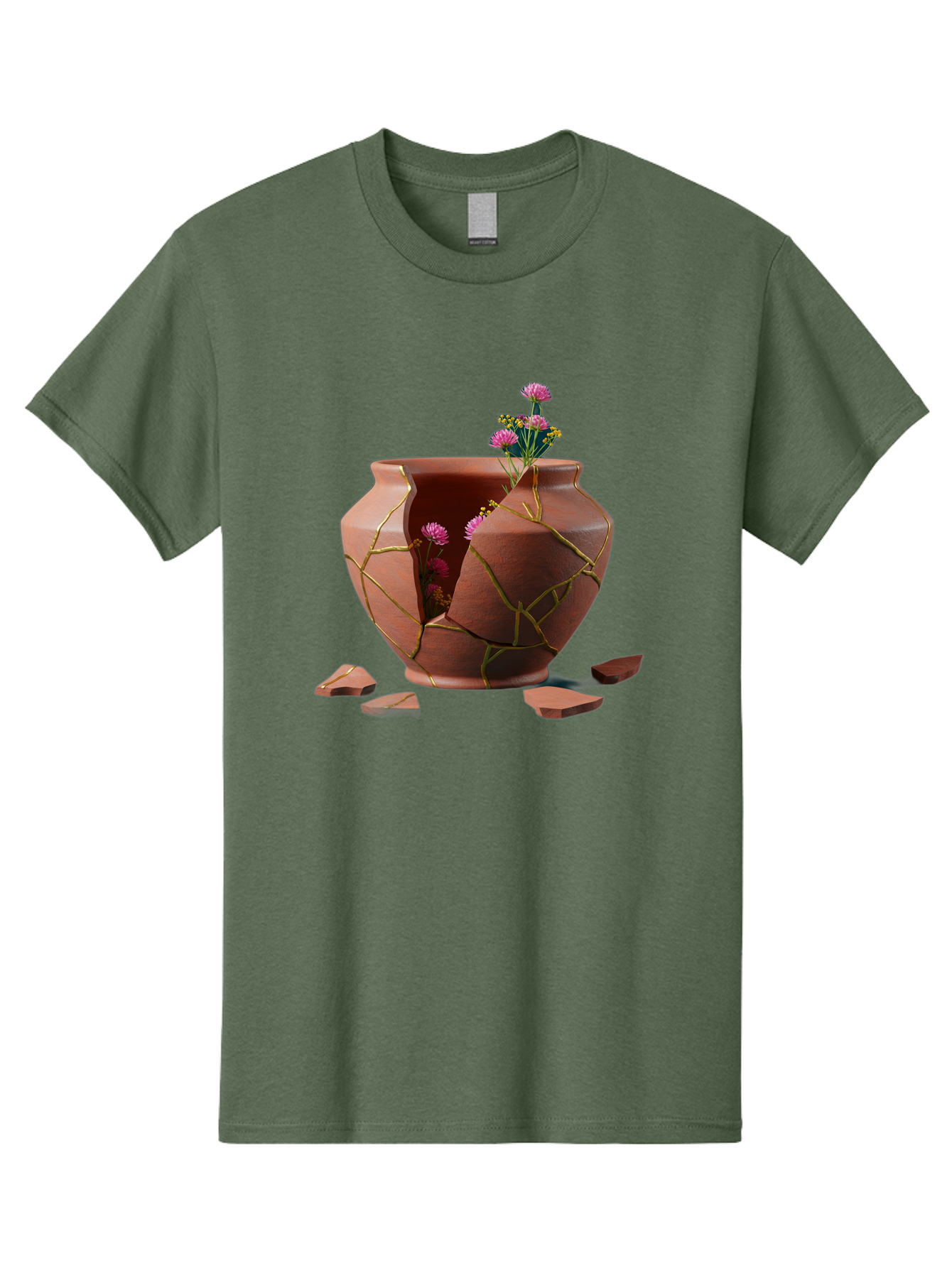 Kintsugi-Pot Men'S Graphic Tee, 100% Cotton, Comfortable Casual Summer Wear, Machine Washable, Repaired Vase, Broken Pottery, Gold Cracks, Pink Flowers, Kintsugi Art, Traditional Japanese Repair, Broken And Mended, Clay Pot, Vibrant Blooms, Baa900