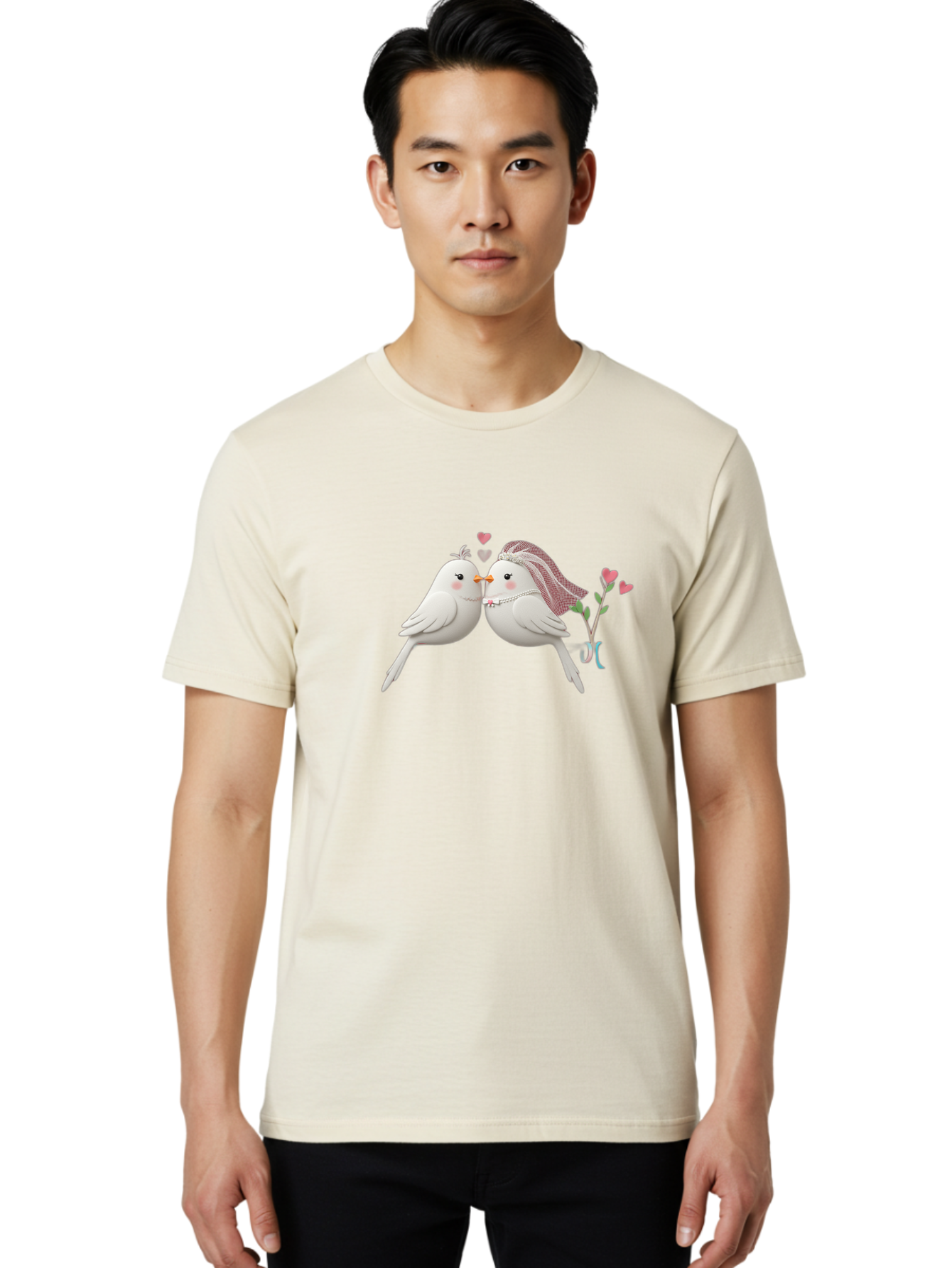 Kissing-Birds Men'S Graphic Tee, 100% Cotton, Comfortable Casual Summer Wear, Machine Washable, Wedding Birds, Couple Love Birds, Kissing Birds, Cartoon Birds, Digital Art, Cute Birds, Romance, Love, Hearts, Flowers, Wedding Theme Baa901