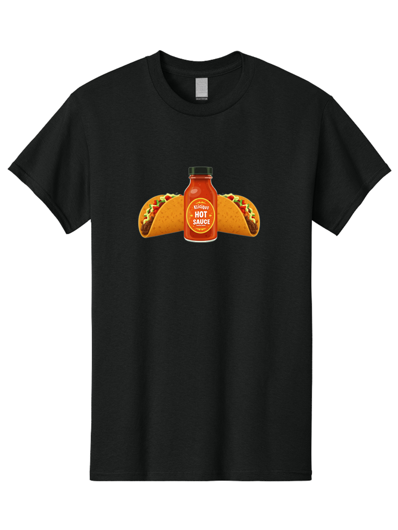 Kligius-Hot-Sauce Men'S Graphic Tee, 100% Cotton, Comfortable Casual Summer Wear, Machine Washable, Hot Sauce Bottle, Kliqius Brand, Tacos With Sauce, Spicy Food, Mexican Cuisine, Condiment, Flavorful Dishes, Foodie Favorites, Savory Delights Baa902