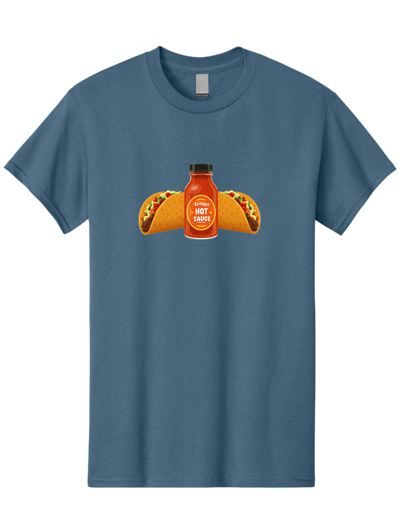 Kligius-Hot-Sauce Men'S Graphic Tee, 100% Cotton, Comfortable Casual Summer Wear, Machine Washable, Hot Sauce Bottle, Kliqius Brand, Tacos With Sauce, Spicy Food, Mexican Cuisine, Condiment, Flavorful Dishes, Foodie Favorites, Savory Delights Baa902