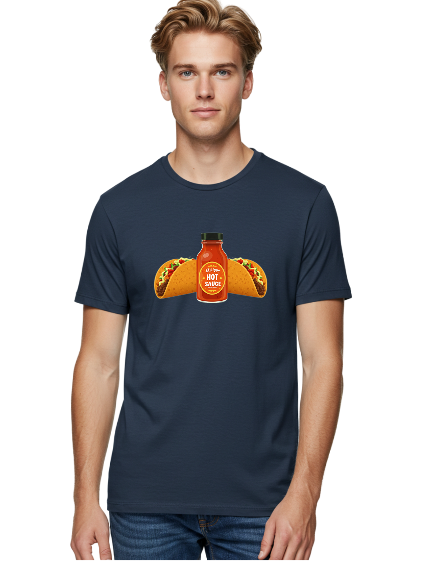 Kligius-Hot-Sauce Men'S Graphic Tee, 100% Cotton, Comfortable Casual Summer Wear, Machine Washable, Hot Sauce Bottle, Kliqius Brand, Tacos With Sauce, Spicy Food, Mexican Cuisine, Condiment, Flavorful Dishes, Foodie Favorites, Savory Delights Baa902