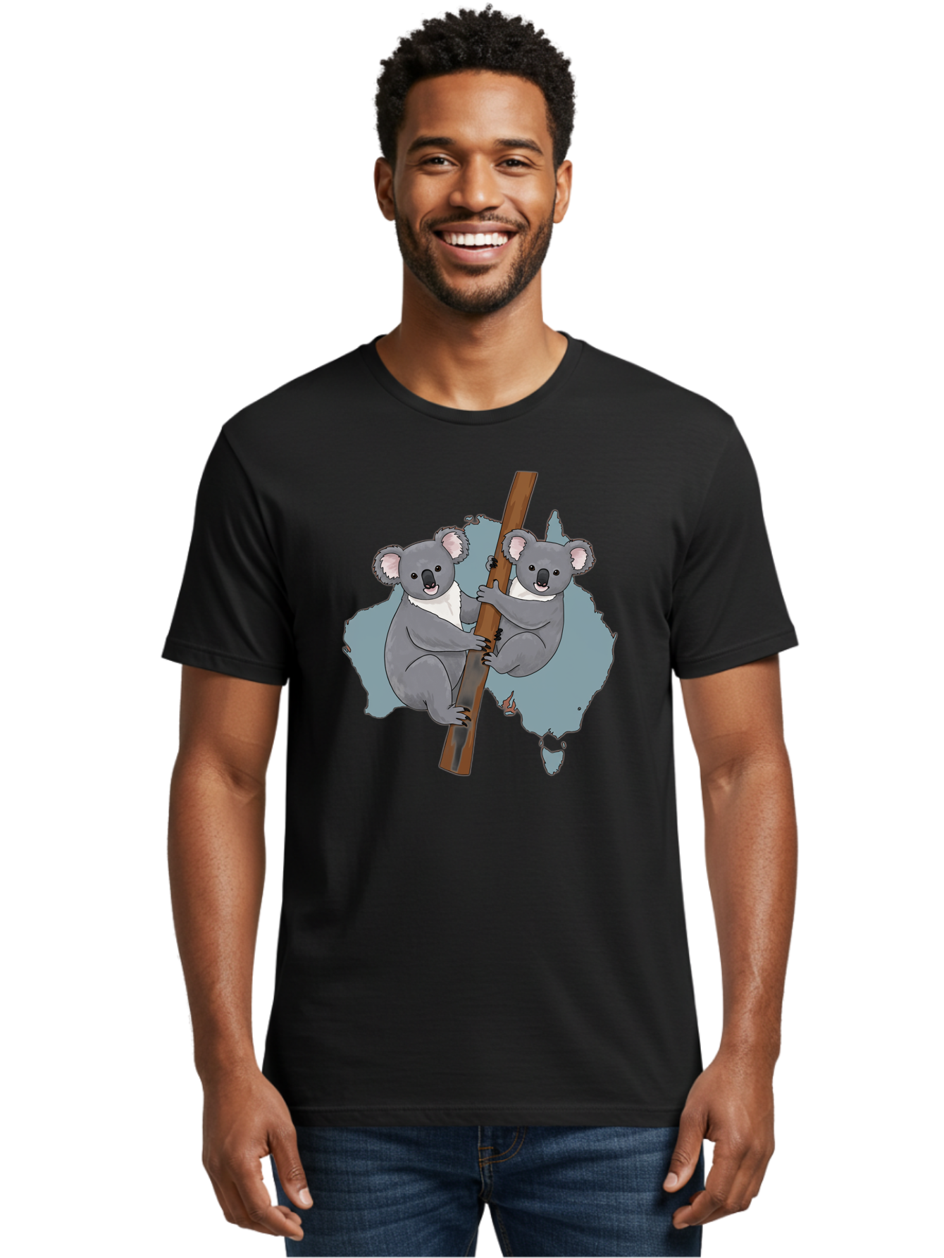 Koalas-On-Australia-Map Men'S Graphic Tee, 100% Cotton, Comfortable Casual Summer Wear, Machine Washable, Koalas Climbing, Australia Map, Cartoon Animals, Cute Wildlife, Adorable Marsupials, Australian Fauna, Funny Illustration, Gray Koalas, Baa903