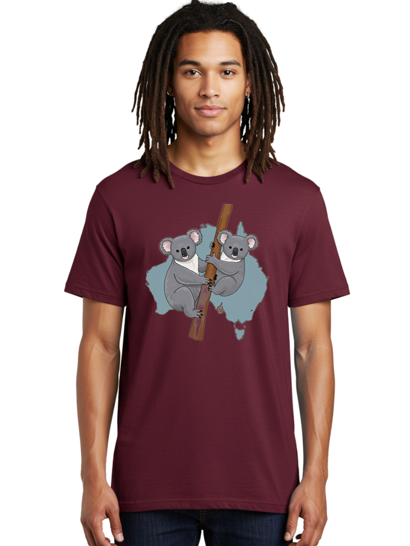 Koalas-On-Australia-Map Men'S Graphic Tee, 100% Cotton, Comfortable Casual Summer Wear, Machine Washable, Koalas Climbing, Australia Map, Cartoon Animals, Cute Wildlife, Adorable Marsupials, Australian Fauna, Funny Illustration, Gray Koalas, Baa903