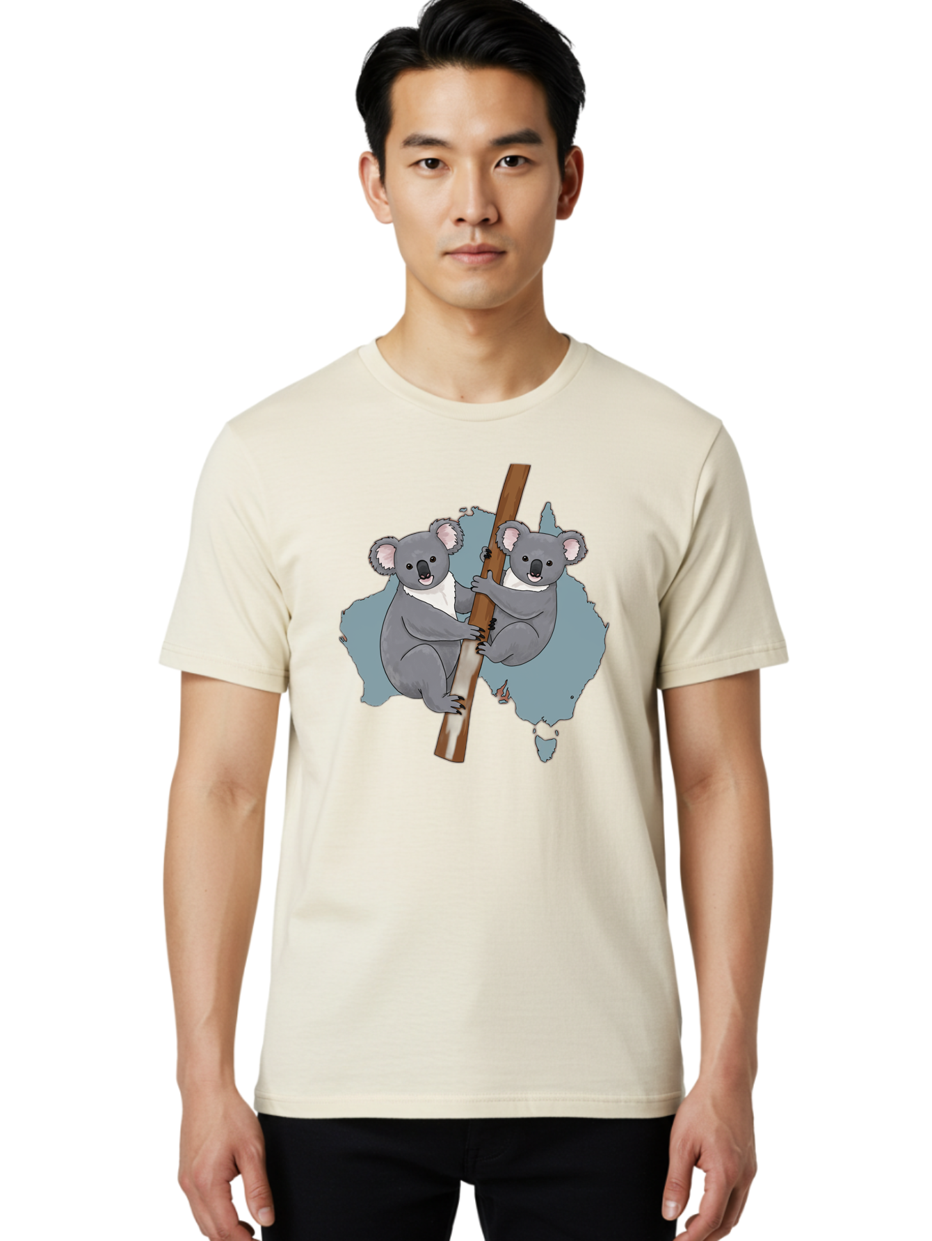 Koalas-On-Australia-Map Men'S Graphic Tee, 100% Cotton, Comfortable Casual Summer Wear, Machine Washable, Koalas Climbing, Australia Map, Cartoon Animals, Cute Wildlife, Adorable Marsupials, Australian Fauna, Funny Illustration, Gray Koalas, Baa903