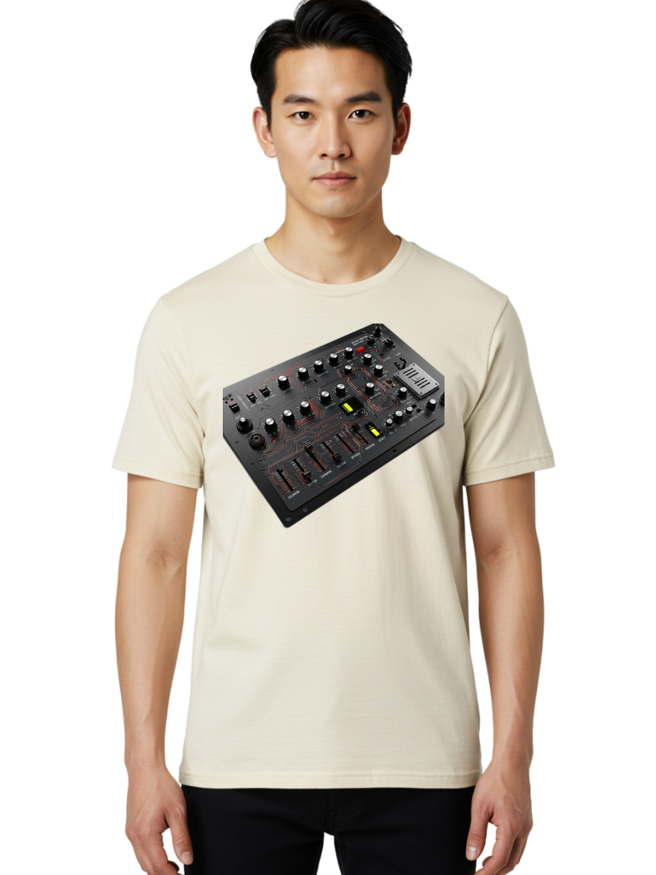Korg-Minilogue-1 Men'S Graphic Tee, 100% Cotton, Comfortable Casual Summer Wear, Machine Washable, Korg Minilogue Synthesizer, Sound Design, Music Production, Analog Synthesizer, Audio Equipment, Electronic Music Gear, Knobs, Sliders, Buttons, Baa904