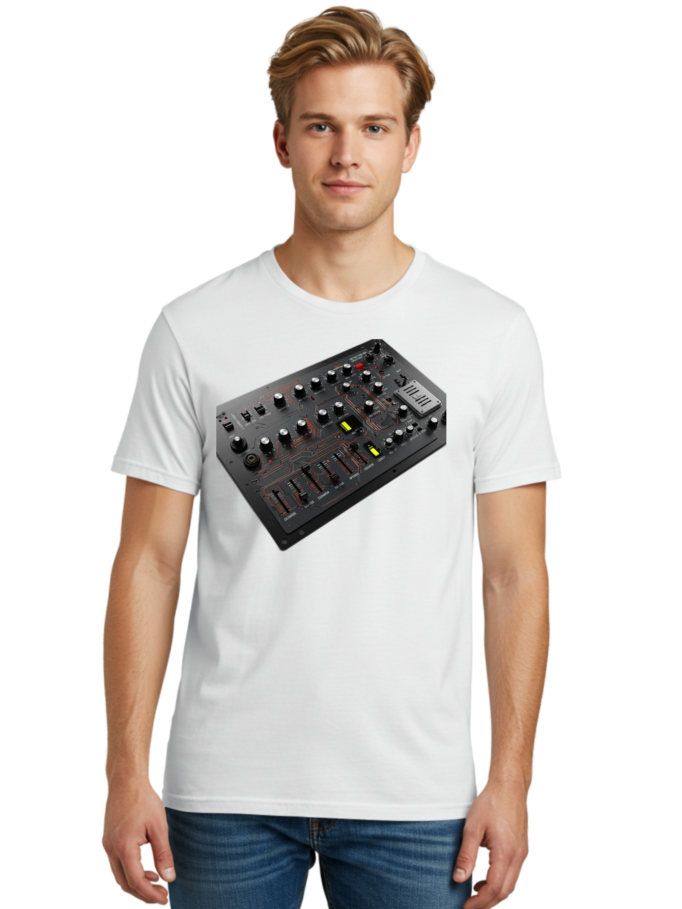 Korg-Minilogue-1 Men'S Graphic Tee, 100% Cotton, Comfortable Casual Summer Wear, Machine Washable, Korg Minilogue Synthesizer, Sound Design, Music Production, Analog Synthesizer, Audio Equipment, Electronic Music Gear, Knobs, Sliders, Buttons, Baa904