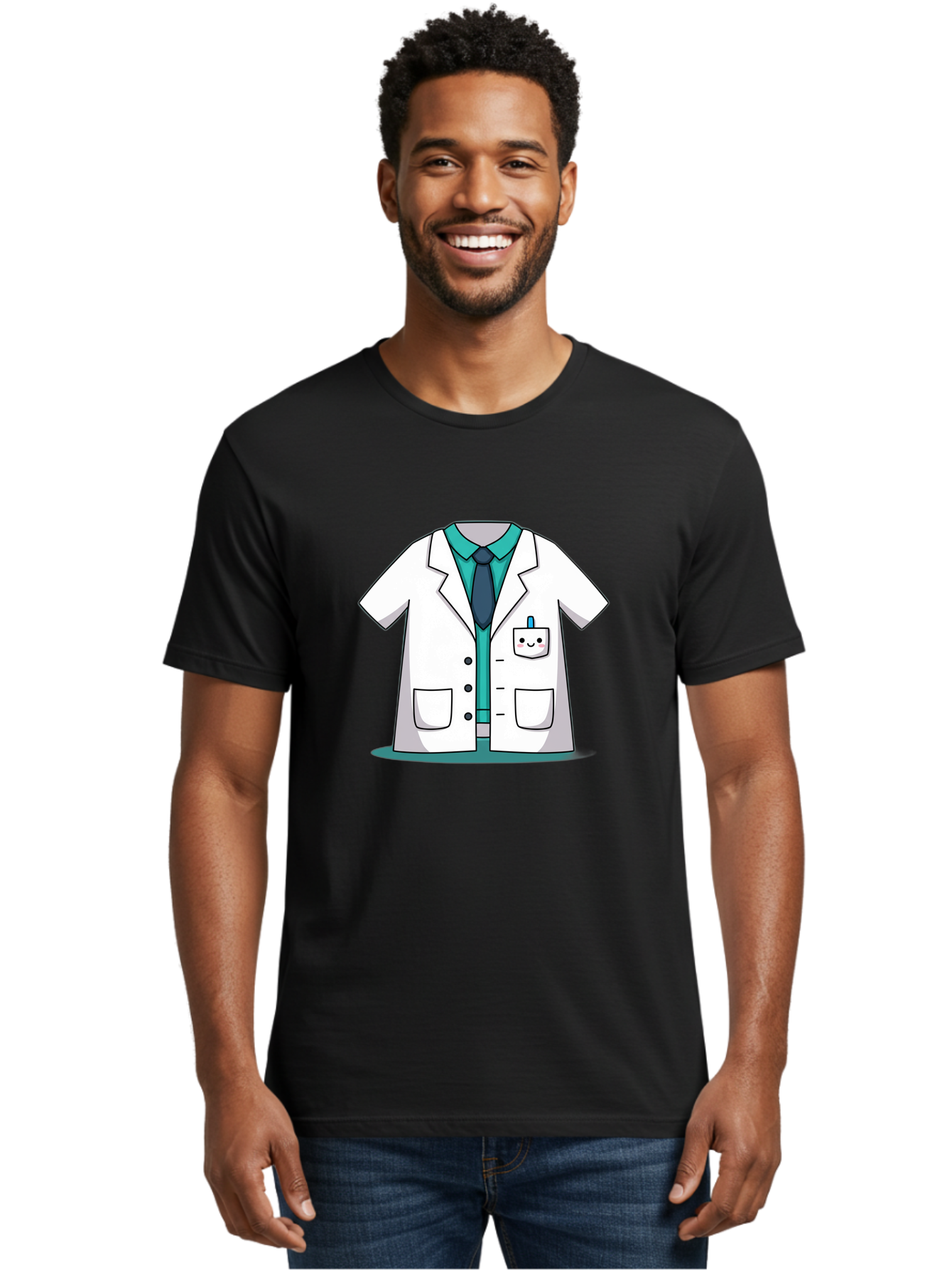 Lab-Coat Men'S Graphic Tee, 100% Cotton, Comfortable Casual Summer Wear, Machine Washable, Lab Coat, Cartoon Style, White Lab Coat, Shirt And Tie Underneath, Pocket Protector, Smiling Face, Medical Professional, Science Illustration, Baa909